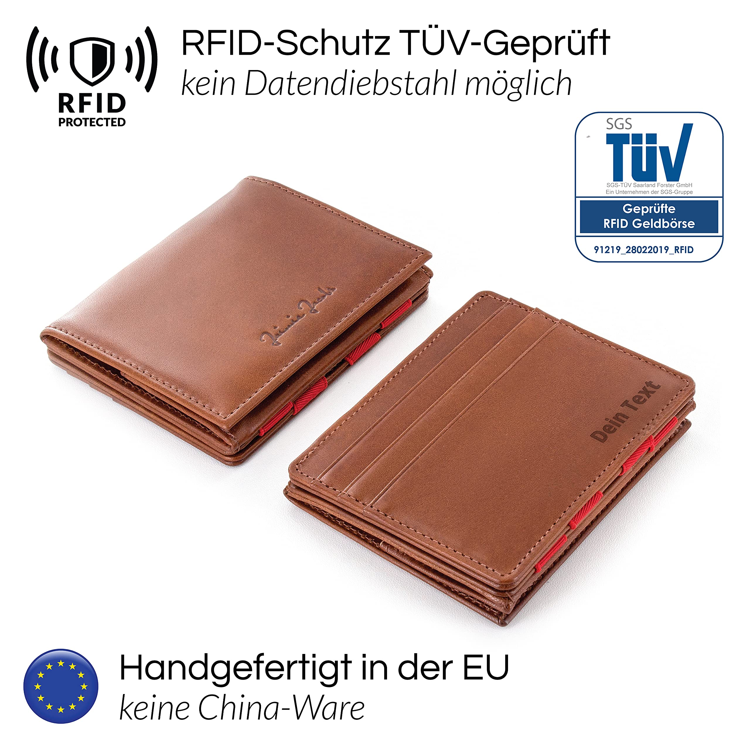 Jaimie Jacobs Flap Boy AirTag-Edition mit Gravur Magic Wallet Echtleder (Dunkelbraun mit Rot)