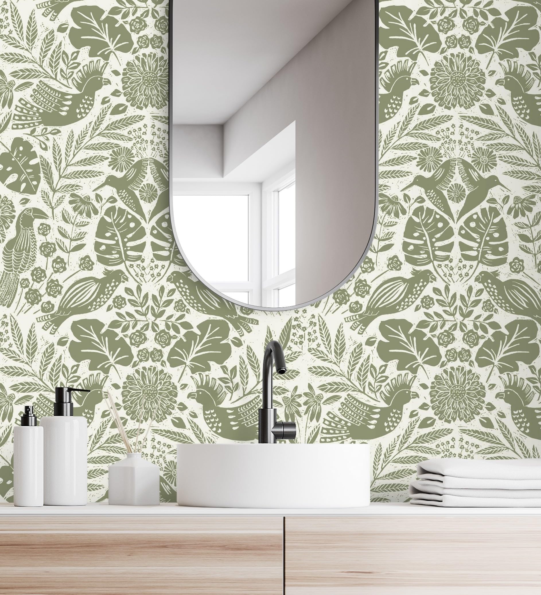 Papier peint botanique oiseau masquage défauts muraux vert 10m
