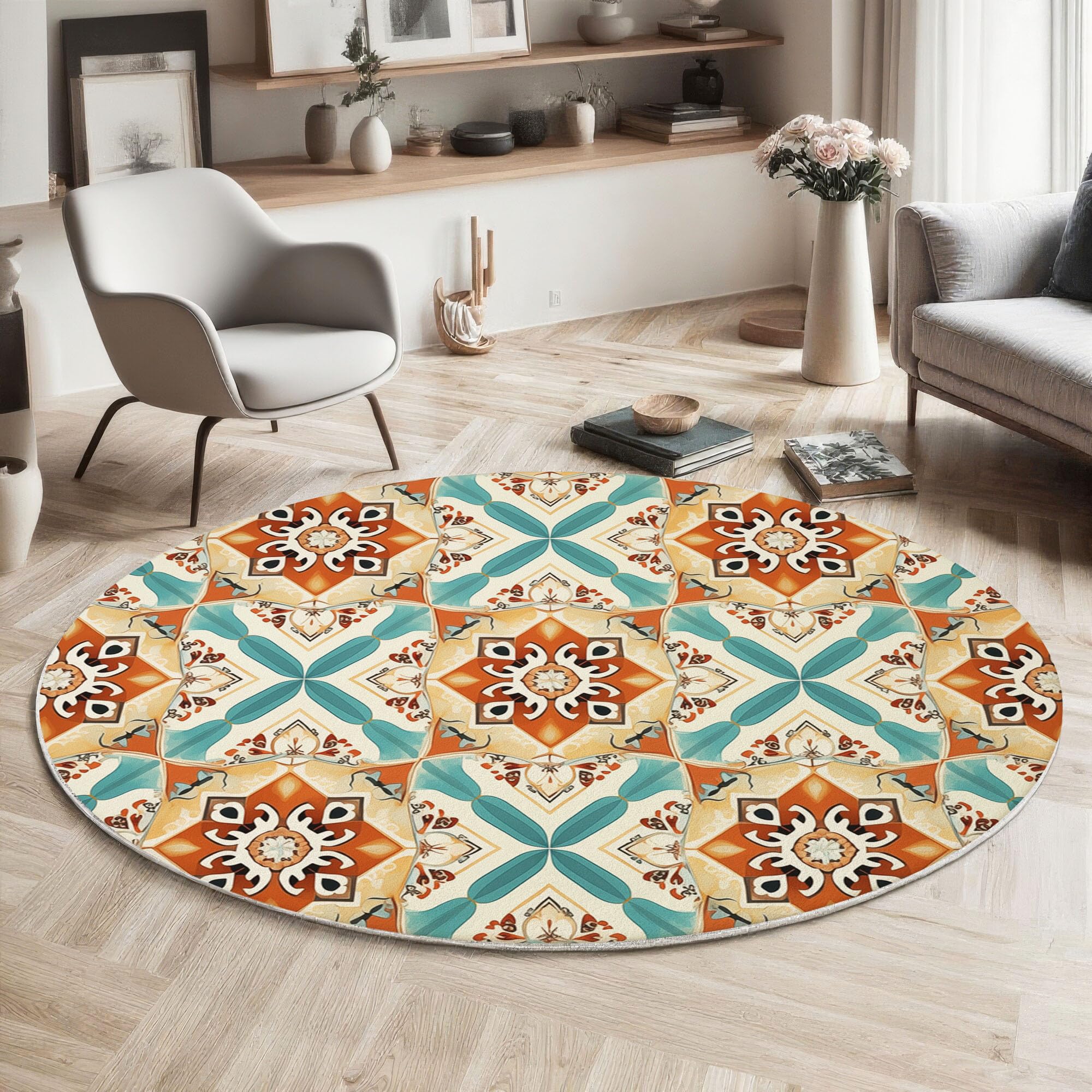Tapis salon carpette rond géométrique beige de 160cm pour chambre et couloir