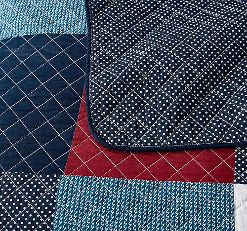 Vista 84 de Chezmoi Collection Samuel Juego de colcha con relleno de cuadros gris pardo, blanco y azul marino, 3 piezas, retales, algodón prelavado, ligero