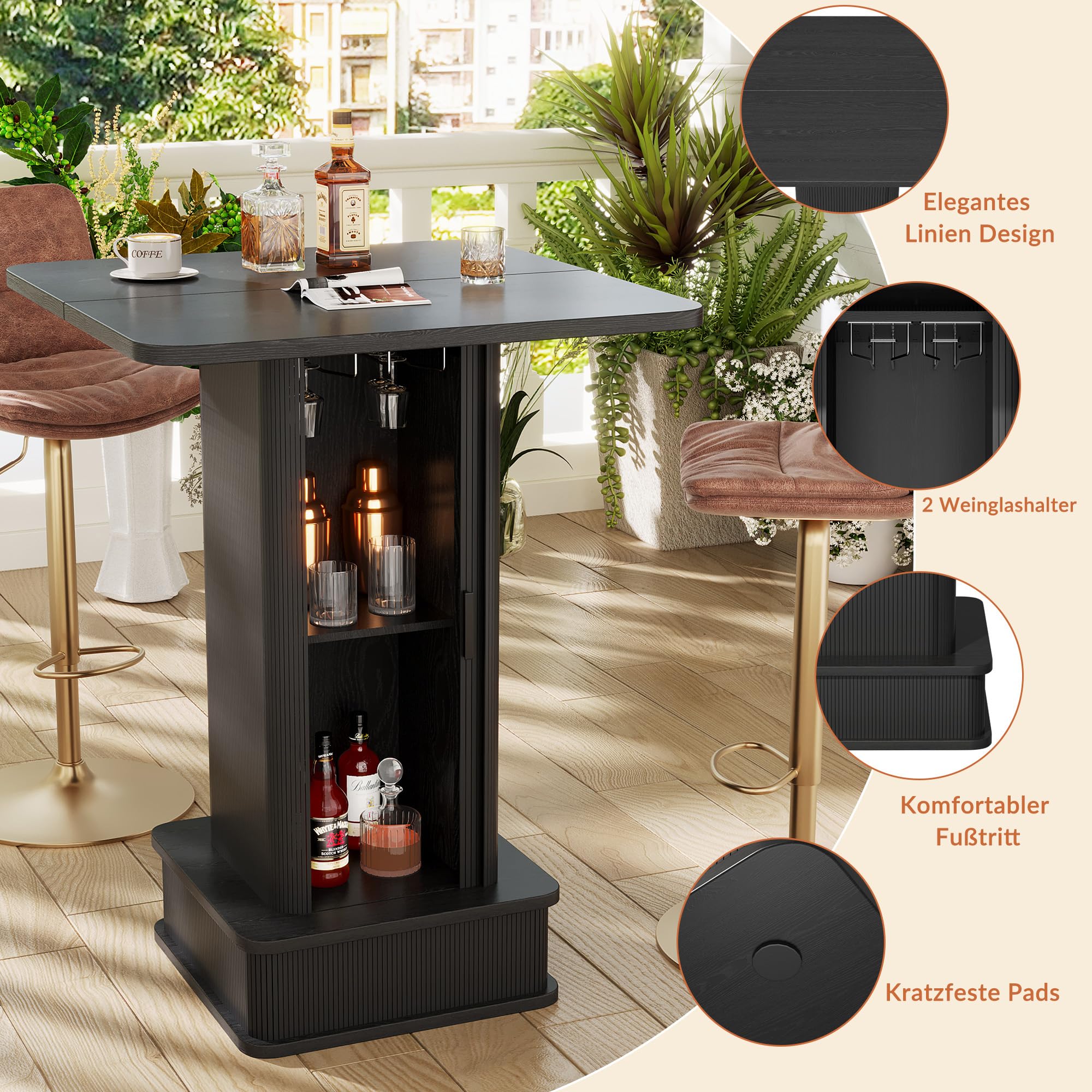 Spanplatte Bartisch Stehtisch Küchentisch, 97x70 x 70 cm Hochtisch, Seiten Tisch mit Stauraum & Weinglashalter, Belastbarkeit 30 kg, für Wohnzimmer Küche Essbereich, Schwarz