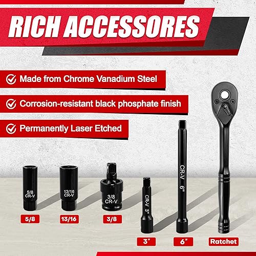 Miniatura 10 de EACELIY Juego de 55 llaves de impacto de 14 pulgadas de profundidadpoco profundo incluyendo trinquete de 72 dientes SAE y métrico adaptador de