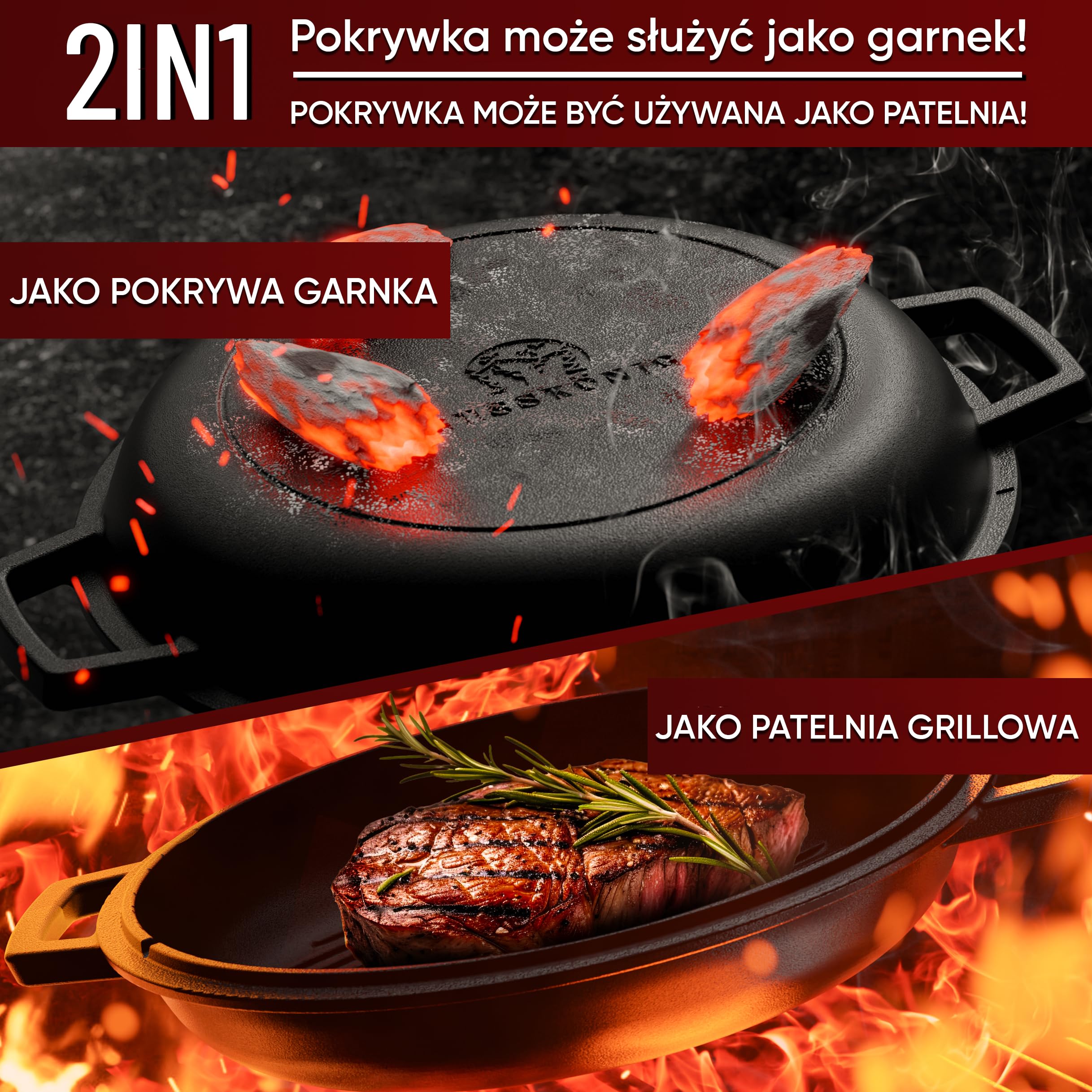 Gusskönig 2w1: Żeliwny garnek (4,8L) & patelnia grillowa (1,8L). Wstępnie przyprawiony. Idealny do zapiekania, gotowania i grillowania.