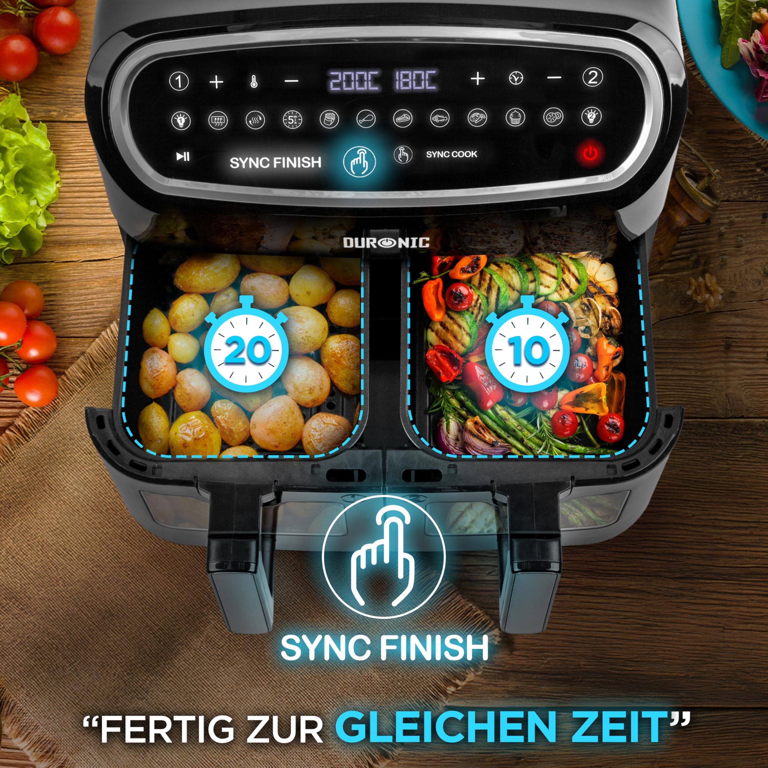 Duronic AF34 BK Heißluftfriteuse, XXL Heißluftfritteuse mit 2 Kammern für Pommes, Friteuse HLF 10L Volumen Airfryer, Air Fryer für Rezepte ohne Öl
