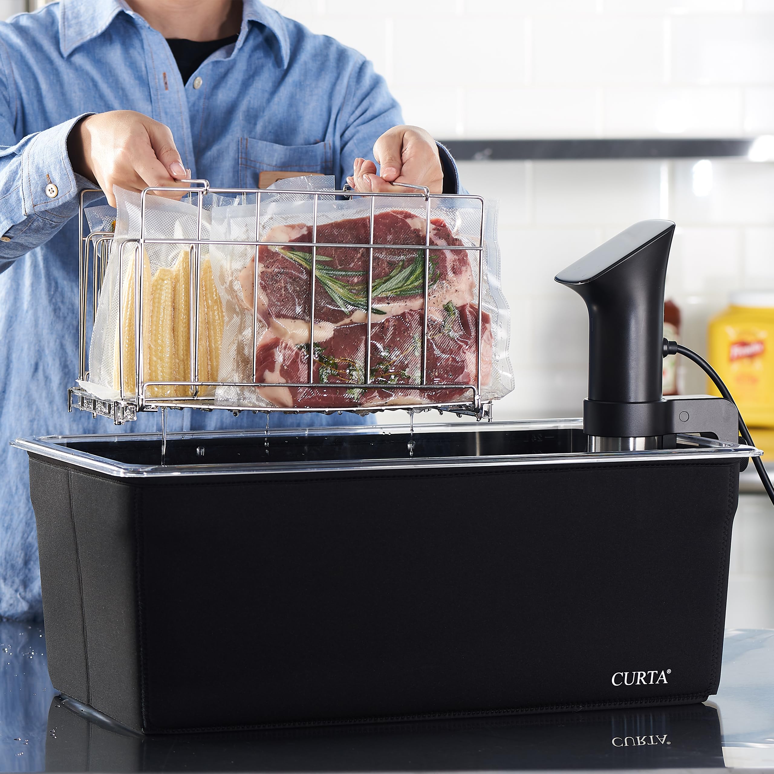 26 Qt Sous Vide Container Kit with Notched Lid, Divider Rack & Insulating Sleeve, 1/1 Full Size Polycarbonate Water Bath, Fits Anova and Most Cookers (Immersion Circulator NOT Included)
