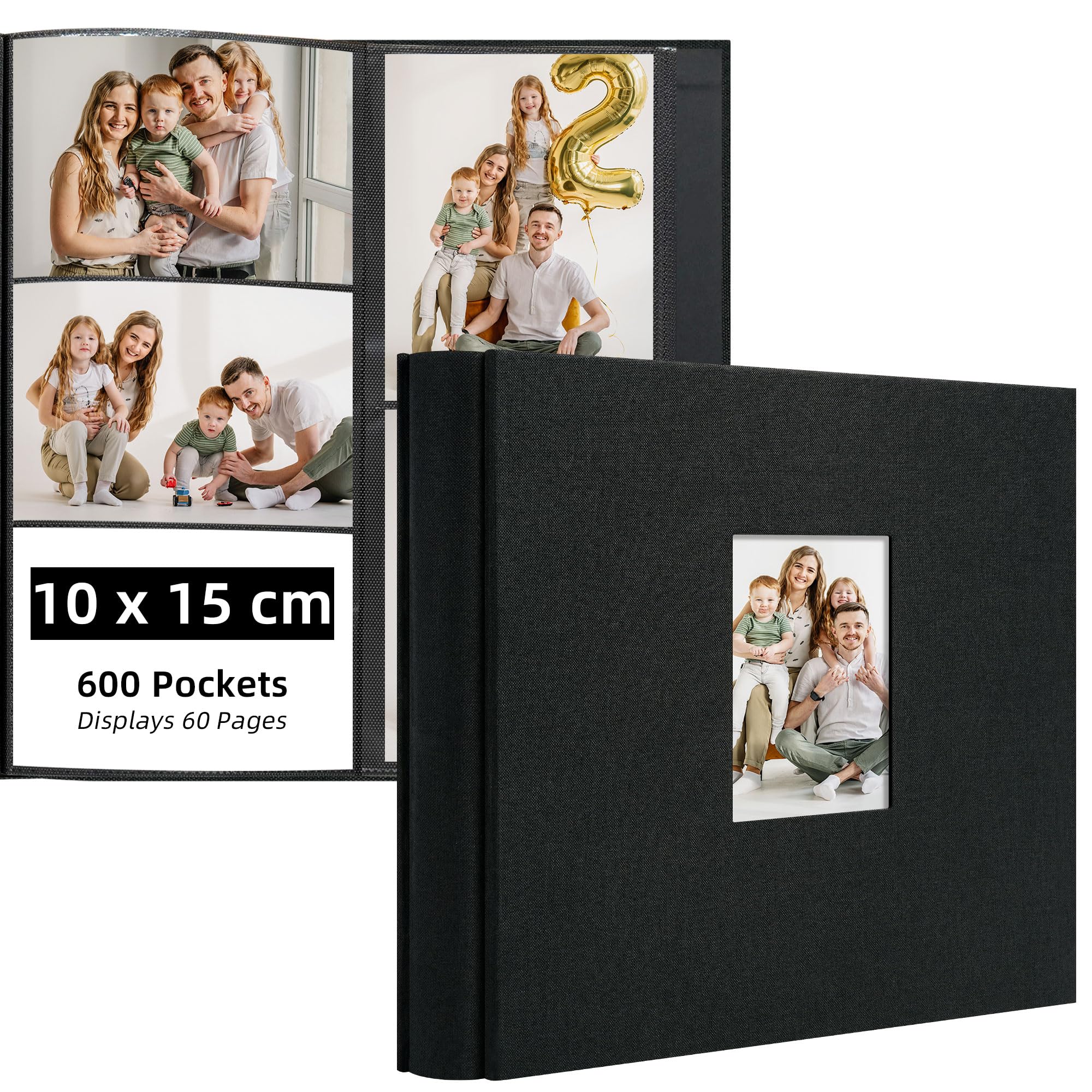 Remowith Photo Albums 6x4, Holds 600 Pockets 10x15cm Landscape and Portrait Photos, Large Capacity Photo Book, Fabric Album Cover for Family, Wedding, Travel & Baby Memory Archives, Black