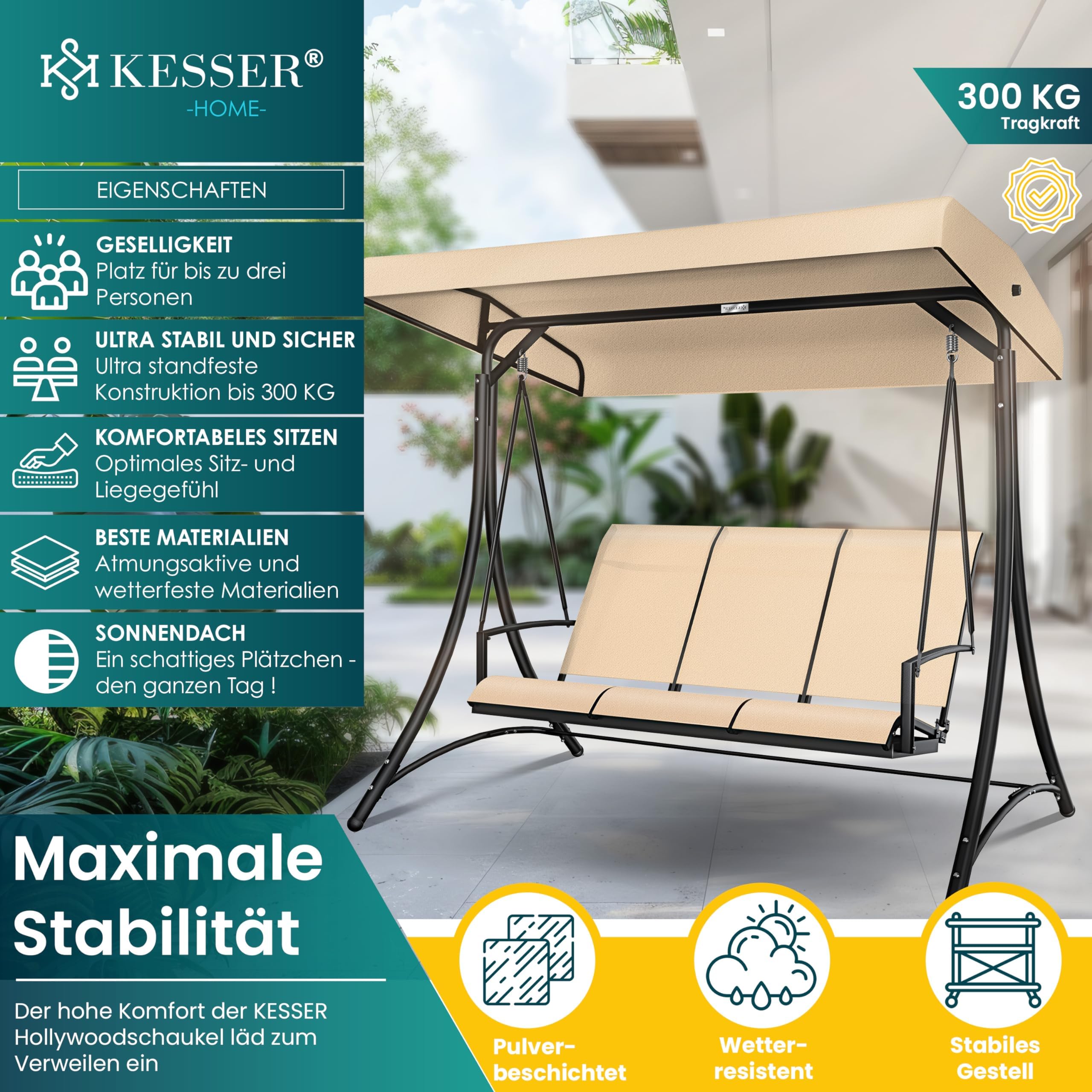 KESSER® Dondolo Hollywood con tettuccio parasole, 3 posti, portata 300 kg, sdraio da giardino antiscivolo, panca a dondolo, impermeabile, per esterni e interni (beige)