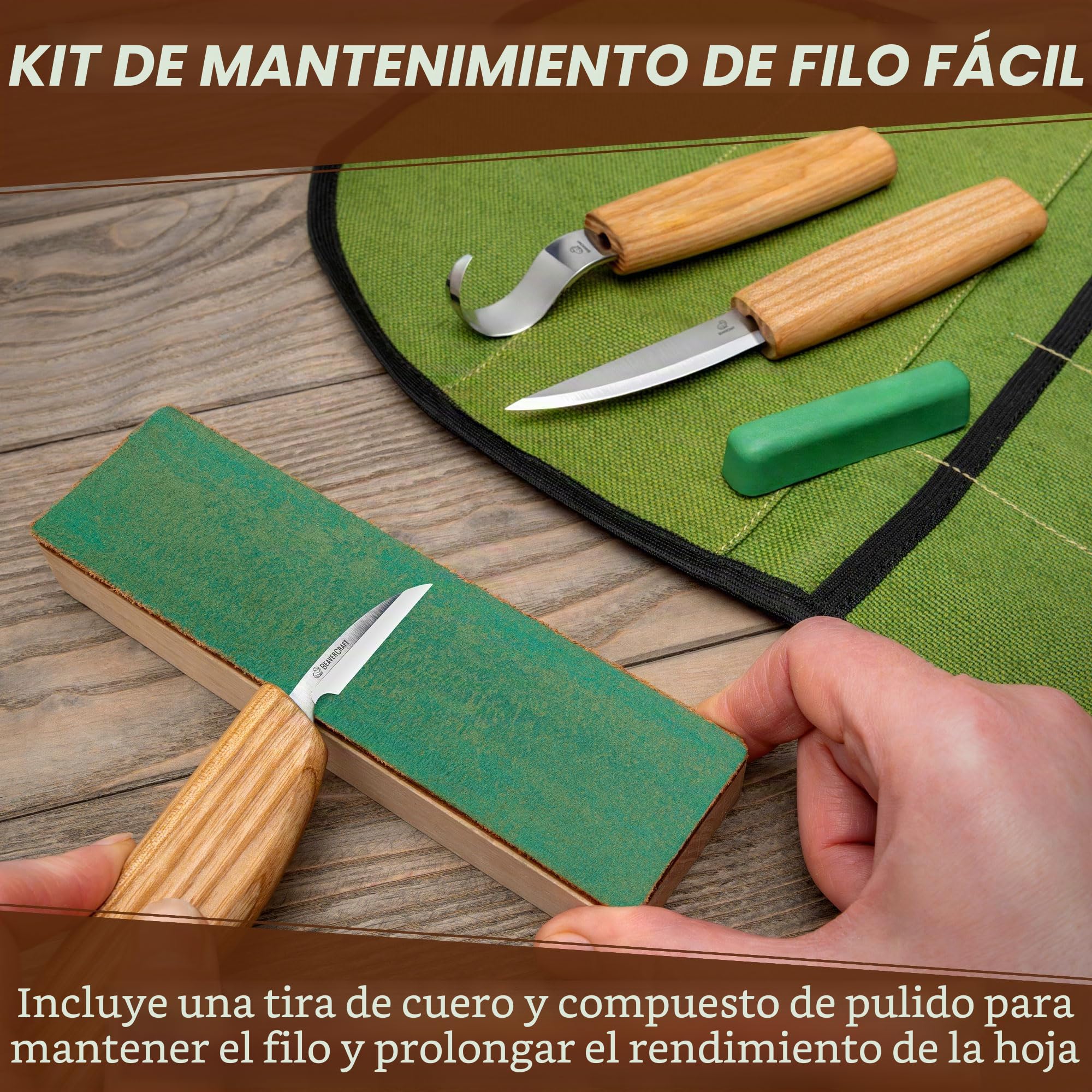 BeaverCraft, S13 Juego de Herramientas para Tallar Madera en Forma de Cuchara 3 Cuchillos Herramientas Rollo de Aserrín de Cuero y Compuesto para Pulir Gancho Cuchillo para Tallar en Forma de Cuchara