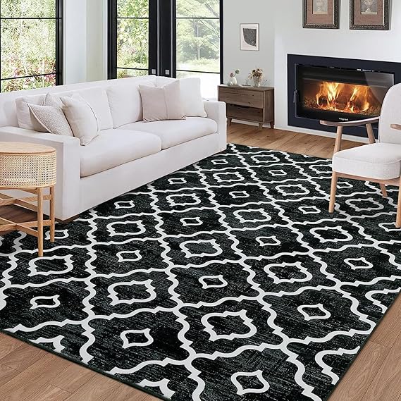 GlowSol Area Rug 9x12 Washable Rug Large Modern Trellis Rug Geometric Neutral Soft Black Rug for Living Room Bedroom Dining Room Non Slip Stain-Resistant Carpet for Home Decor
