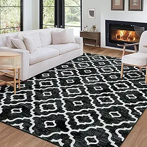 GlowSol Area Rug 9x12 Washable Rug Large Modern Trellis Rug Geometric Neutral Soft Black Rug for Living Room Bedroom Dining Room Non Slip Stain-Resistant Carpet for Home Decor