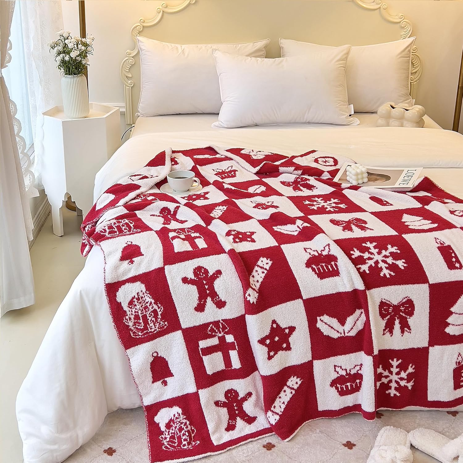 Andreannie Ultra Cozy Christmas Throw Blanket Christmas Element Microfiber Polyester Snowflake Pattern Blanket Knitted Lightweight Bed Blanket for Sofa Bed Decor (White-Red, 60 x 80 in)