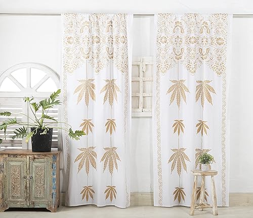 Popular Handicrafts Cortina de ventana con estampado de hojas de oro, estilo hippie, indio, bohemio, hermoso, para ventana, dormitorio, sala de
