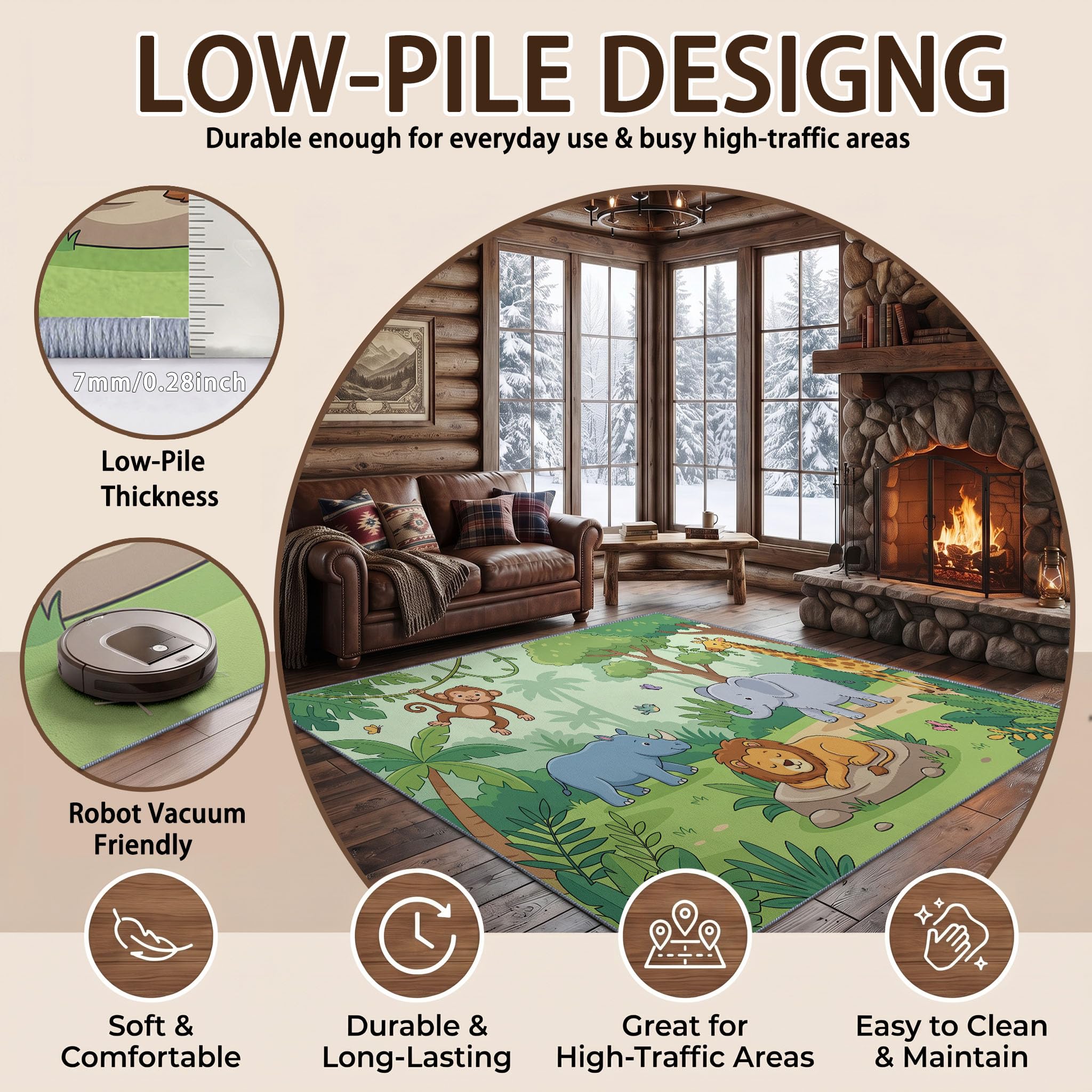 Tapis Salon Cartoon, Moquette Lavable en Machine, 90 x 120 cm | Animal Lion Éléphant Tapis avec Dessous Antidérapant, Tapise Décoratif pour Chambre, Cuisine, Entrée et Maison,Vert
