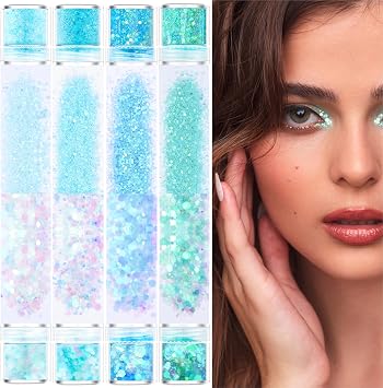 GABOX 8-Jar Holographic Chunky Glitter Set for Cosmetic Nail Resin Handmade | Ice Blue, Iridescent Art Glitter for Body Face Eyes Hair & Craft, Fine Powder + 1mm + 2mm + 3mm Sequins Flakes Set