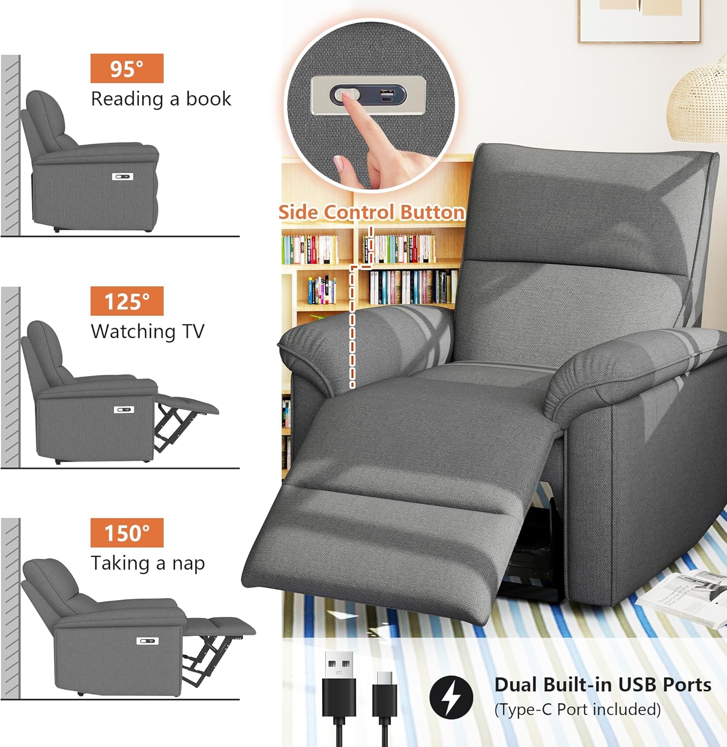 Wall Hugger Recliners for Small Spaces, Zero Wall Power Recliner on Clearance, Fabric RV Recliner, Home Theater Seating for Living Room w/USB Ports (Dark Gray)