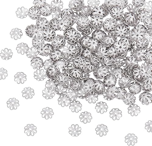 UNICRAFTALE Acerca de 300 tapas de cuentas de flores multipétalos de 0.276 in de acero inoxidable, tapas espaciadoras huecas de metal para pulseras,