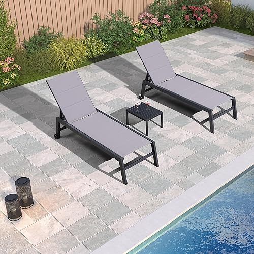 Miniatura 19 de PURPLE LEAF Juego de tumbonas para patio de 2 piezas de textileno con ruedas, silla para tomar el sol para patio al aire libre