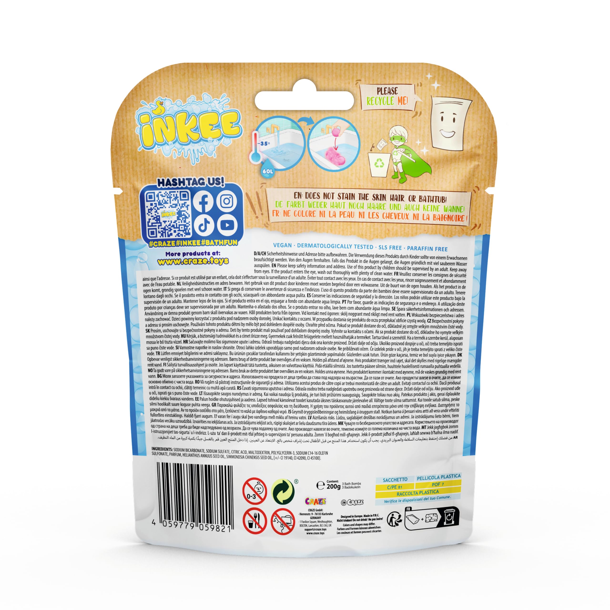 INKEE Bombas de Baño para Niños Pack 4 x 50 g Aroma a Chicle 4 Colores