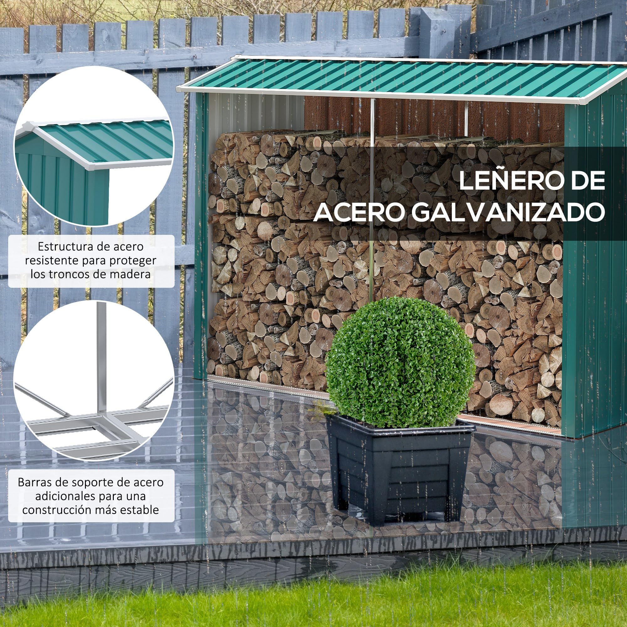 Outsunny Casetilla para Leña de Acero Galvanizado Leñero Exterior Cobertizo de Almacenamiento de Troncos con Techo Impermeable y Antioxidante para Jardín Terraza Patio 240x86x160 cm Verde