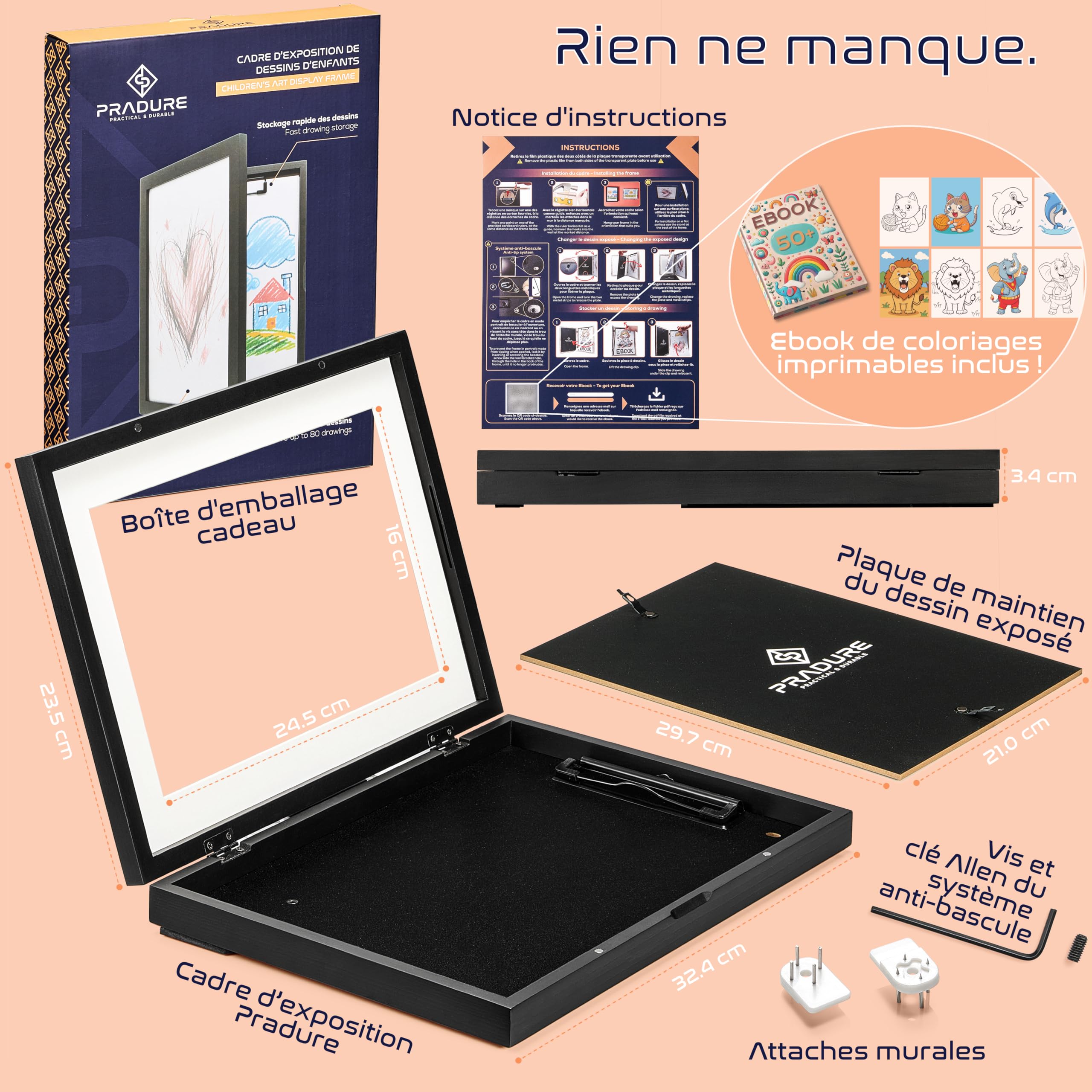 2Pcs Cadre Dessin Enfant à Changer A4 Noir Bois, Cadre pour Dessin Enfant, Rangement Dessins Enfants, Cadre à Dessin Interchangeable. Cadre Photo Dessin Enfant, Stockage Facile de 80 feuilles d'art.