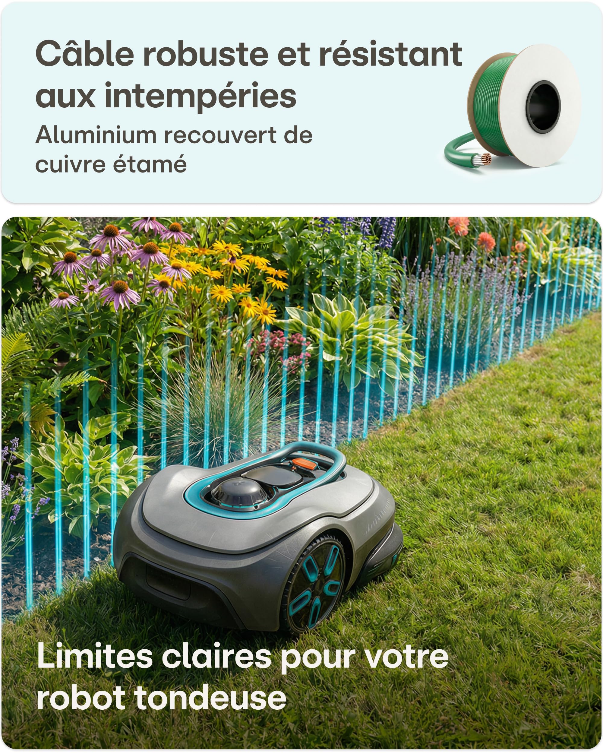 Praknu Kit Fil Robot Tondeuse (150 m) Cable Périphérique + Fil Tondeuse Robot – Avec 150 m de Cable Robot Tondeuse, Cable Peripherique & Connecteurs – Compatibilité Universelle pour Toutes les Marques