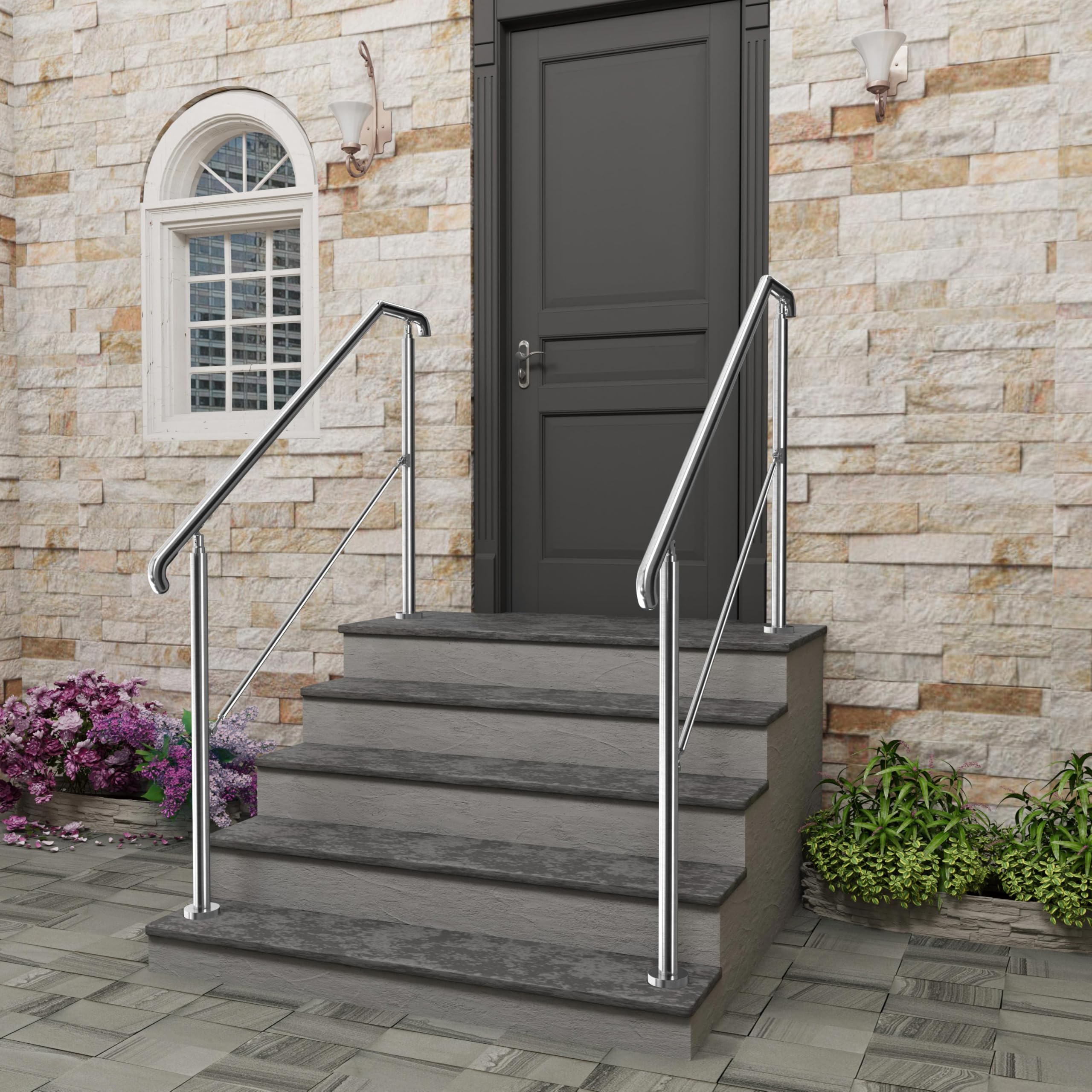 162x102cm Edelstahl Eingangshandlauf Treppengeländer Winkelverstellbares Geländer für 4-5 Stufen Innen Außen Treppens, Silber