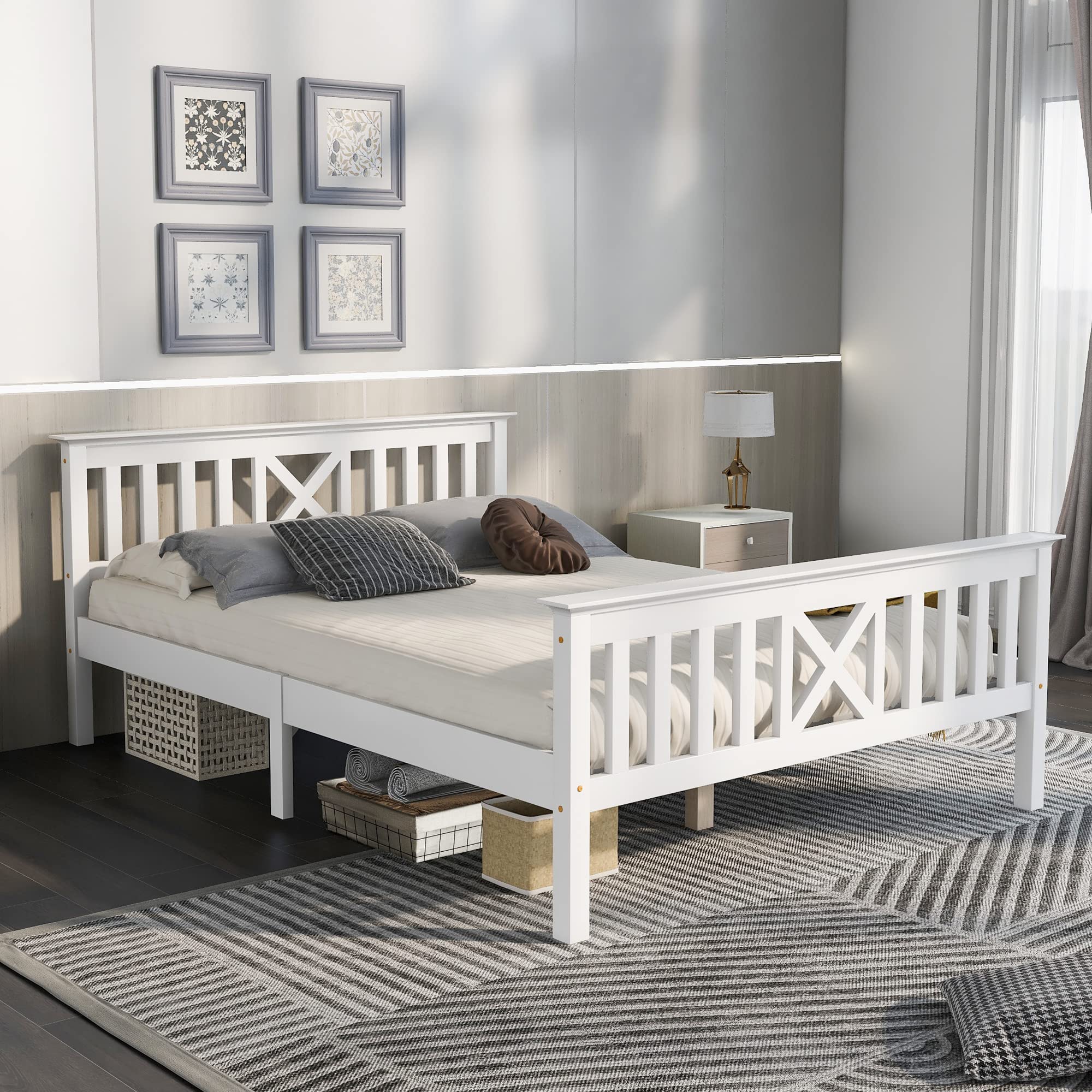 Shye Letto matrimoniale in legno massello con rete a doghe, letto in legno con testiera – Lettino per bambini in pino massiccio bianco (140 x 200 cm)