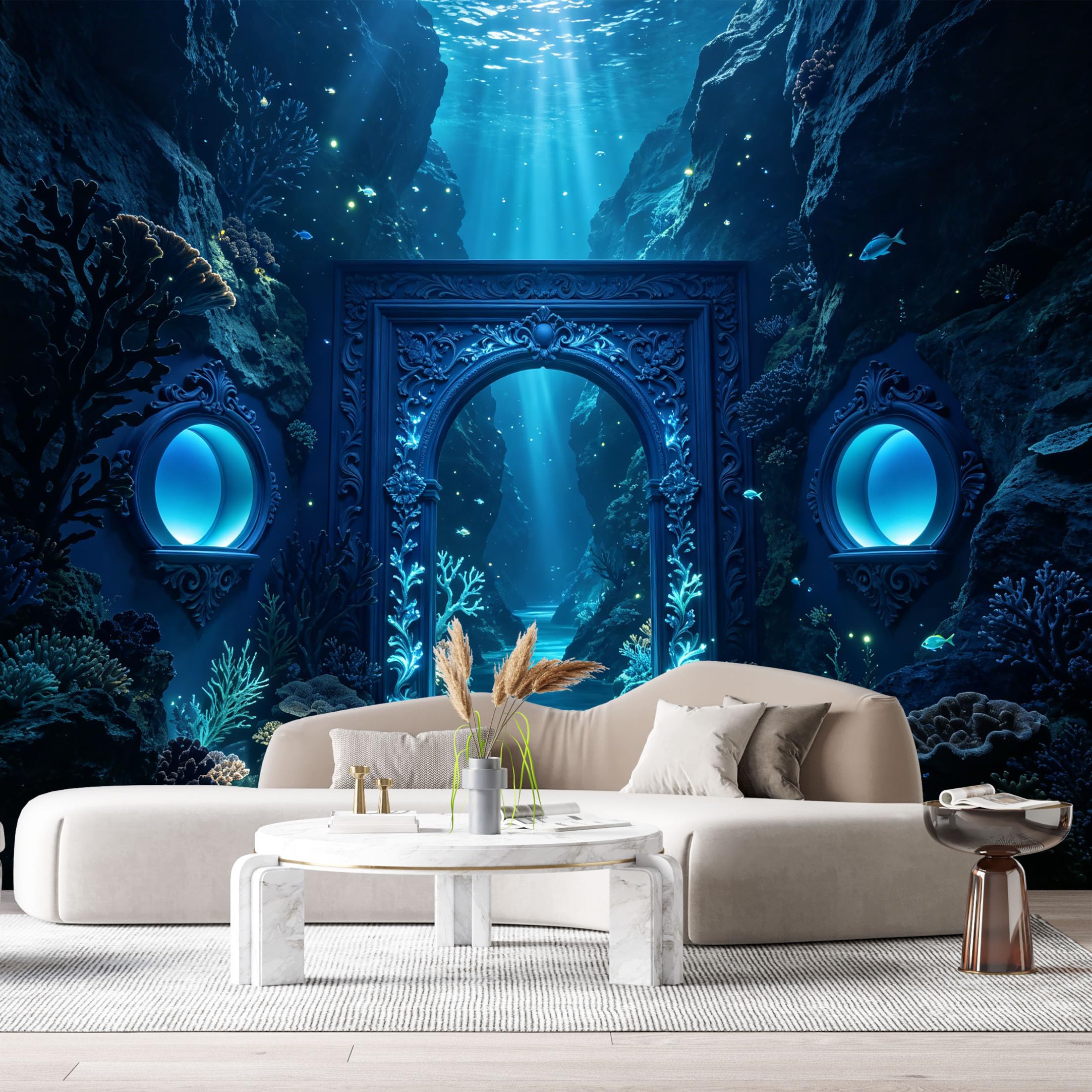 Custom Size Wall Murals Ocean Marine Underwater Archway Coral Reef 3D Trompe L'Oeil SelfAdhesiveWall Fabric Removable Wallpaper Wall Decor for Living Room Bedroom Bathroom