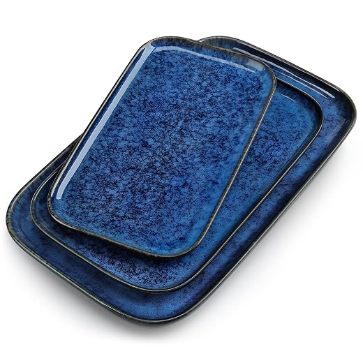 vancasso Stern Serving Platters Set of 3, 15/13/ 11 Inches Rectangular Serving Plates, Blue Serving Trays for Entertaining, Party