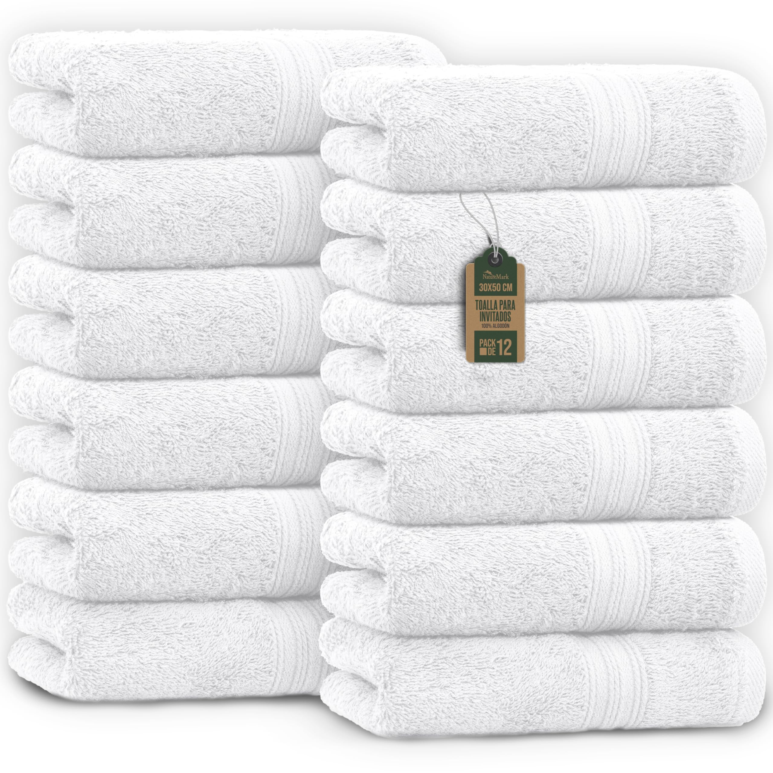 NatureMark Toallas de Invitado – Pack de 12 (30x50 cm), 100% Algodón, Certificación Oeko-Tex, Suaves, absorbentes y fáciles de cuidar – para baño, Invitados y SPA – Color Blanco