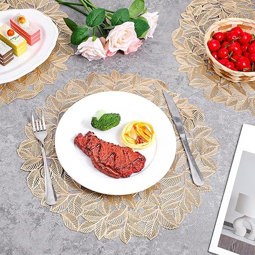 Miniatura 6 de Juego de 8 manteles individuales redondos de hojas doradas, manteles individuales de vinilo prensado con hojas metálicas, manteles individuales
