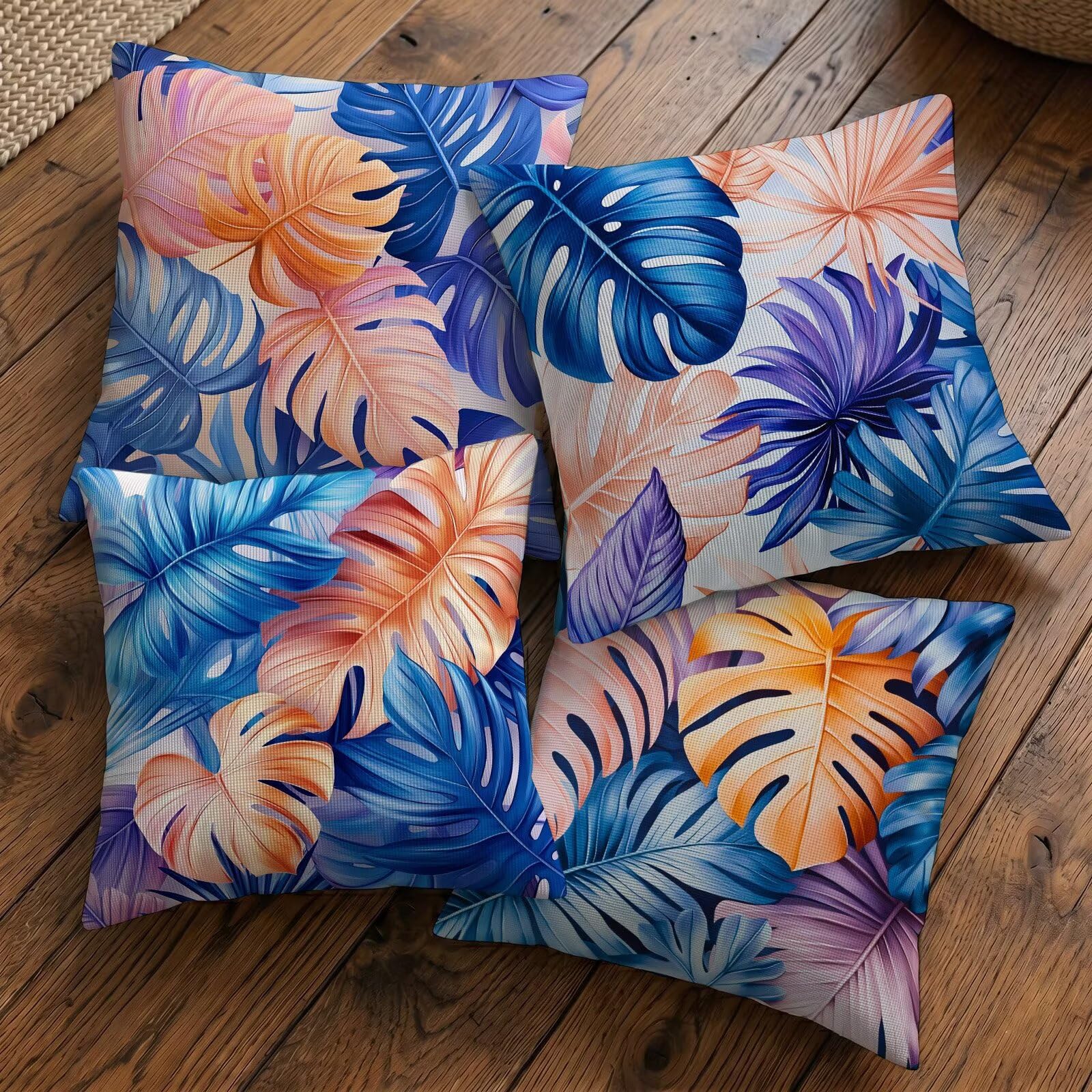 Wodoodporne poszewki na poduszki zewnętrzne 60x60 cm Zestaw 4 tropikalnych lnianych drukowanych kwadratowych poszewek na poduszkę dekoracyjna na sofę salon taras krzesło ławka dekoracja domu (liście