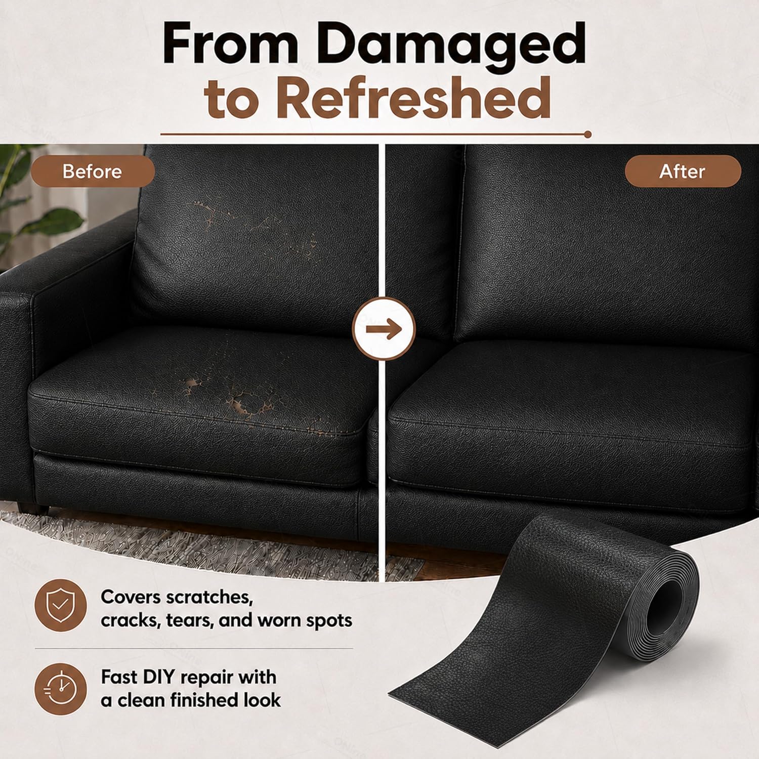 ONine Leather Repair Tape,Self Adhesive Leather Repair Patch,Leather Patches for Furniture,Sofa,Car Seats,Office Chair. Vinyl Repair Kit 3x60in (Black)