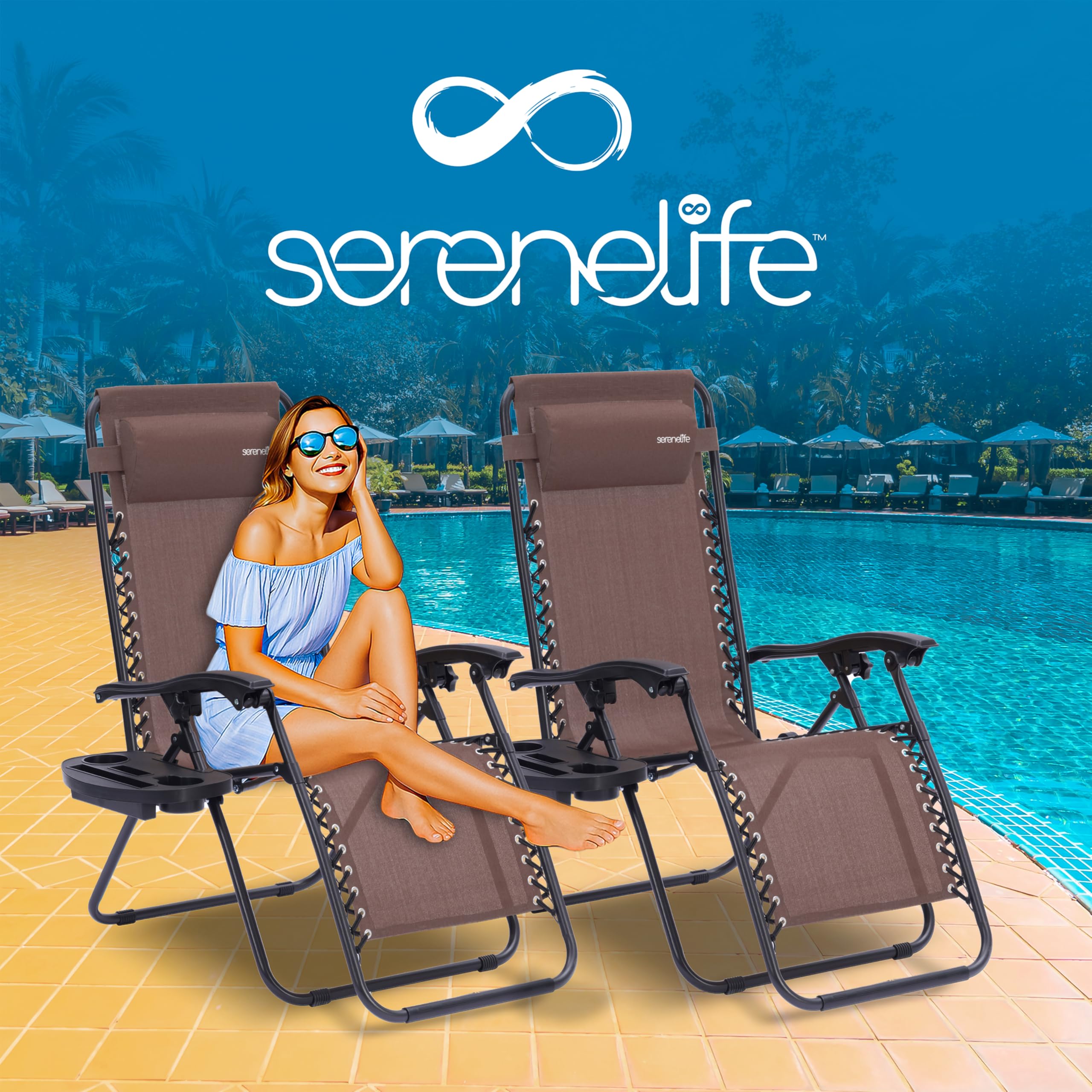 SereneLife sillas reclinables de Exterior, Set de 2, Tumbonas, con Almohada Desmontable, Portavasos, Plegables, Portatiles, Zero Gravity, Ideales para Camping, Patio, Jardin, Piscina o Playa