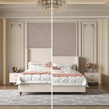 Queen Upholstered Bed Frame, Queen Size Upholstered Platform Bed Frame with 54 Tall Headboard in Ivory Boucle - No Box Spring Needed,Metal Frame with Wooden Slats, Walnut Solid Wood Feet