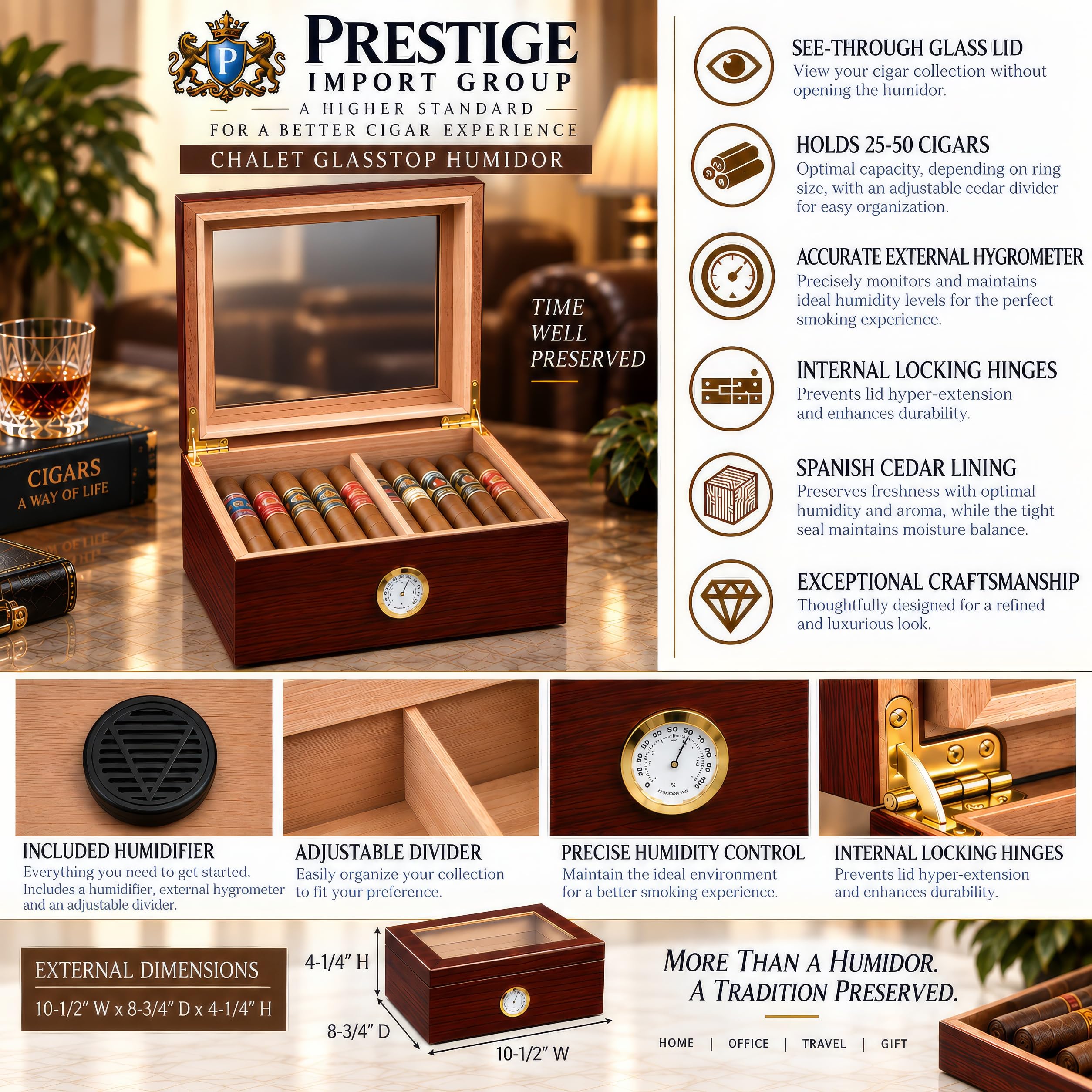 Prestige Import Group - The Chalet Glass Top Cigar Humidor - Capacity: 20-50 - Color: Cherry by Prestige Import Group