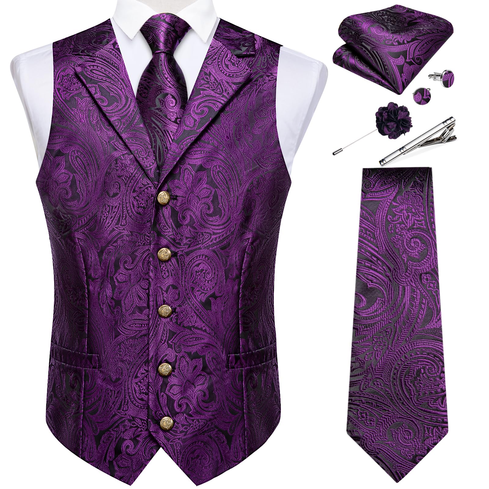 DiBanGu Mens Vest Tie Set 7PCS Silk Paisley Suit Waistcoat and Necktie Hankerchief Cufflinks Lapel Pin Set for Wedding Party