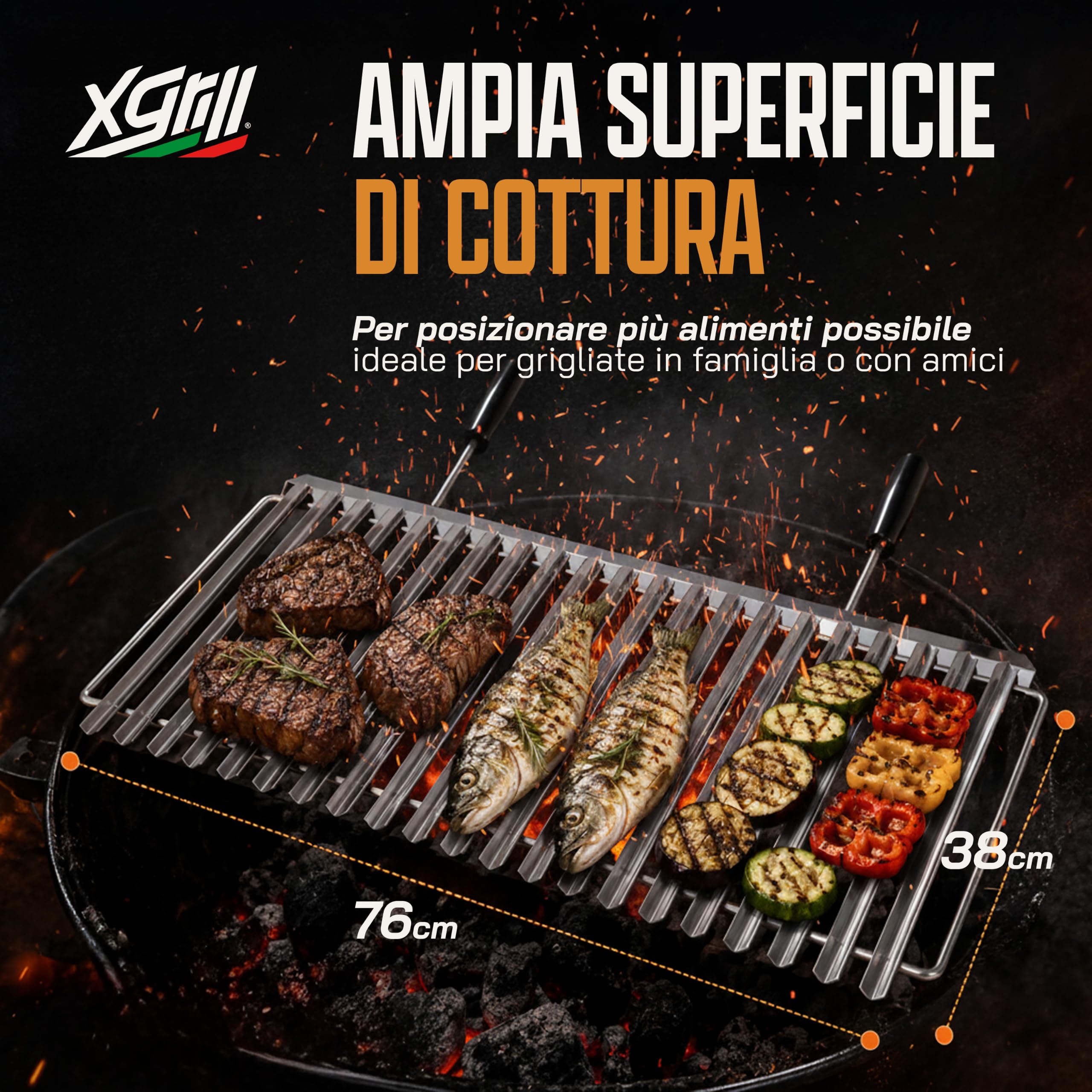 XGRILL | Griglia Barbecue 76x38 cm in Acciaio Inox con Manici Ergonomici | Griglia BBQ Professionale con Sistema Raccolta Grassi | Made in Italy
