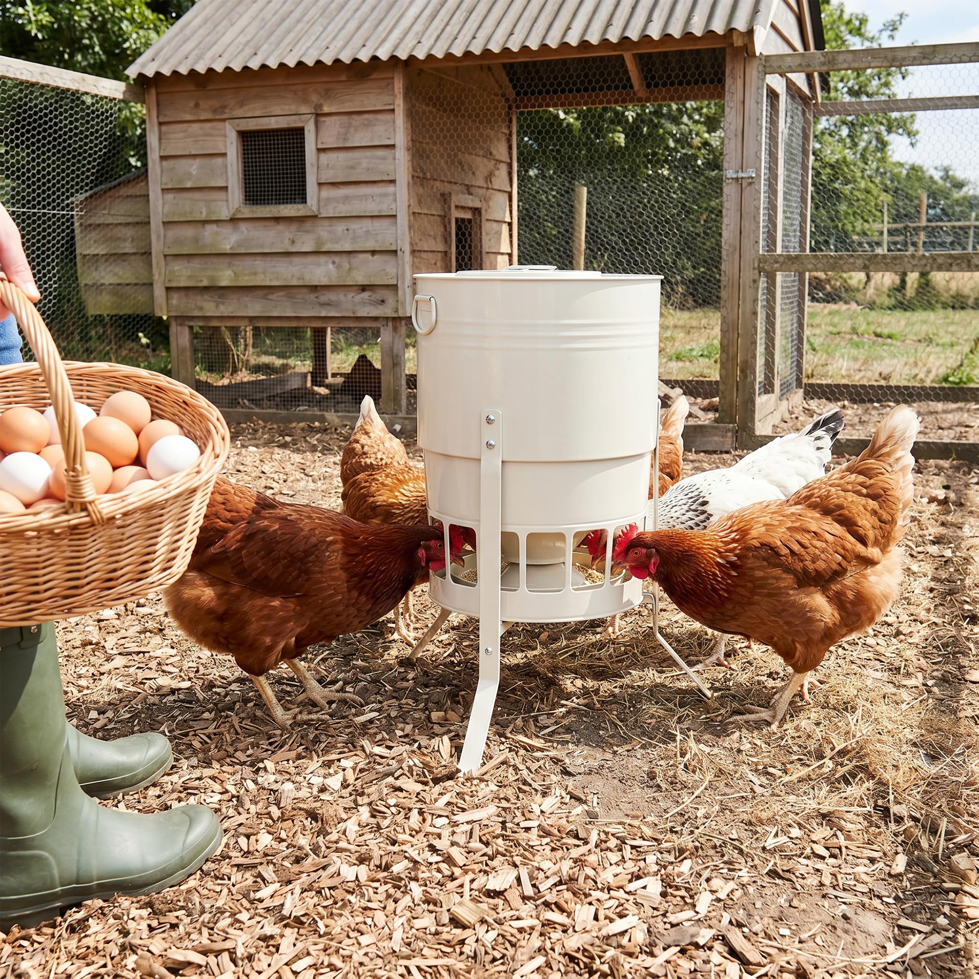 Comedero automático para pollos de 23 kg, sin desperdicio, con 16 puertos, color blanco, a prueba de ratas, gravedad, para gallinas, gansos, 43 L