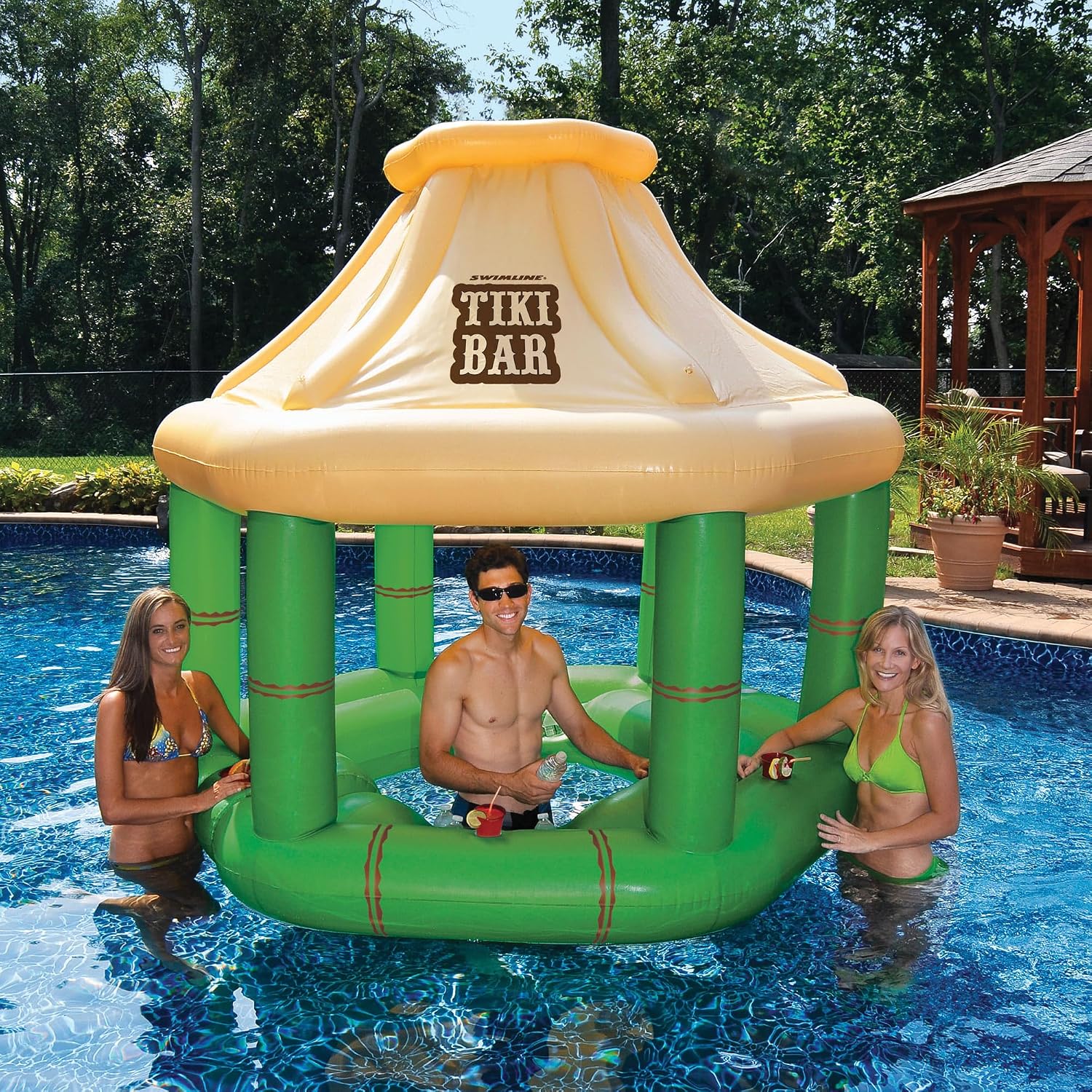 7.5' Cream and Green Tropical Inflatable Swimming Pool Floating Tiki Bar