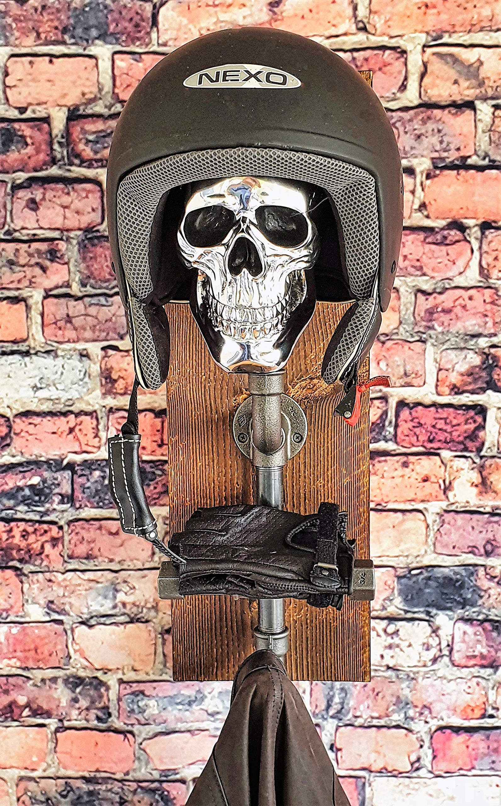 Helmhalter, Motorrad, Biker, Garderobe, Helm Totenkopf, Wand, retro pipes