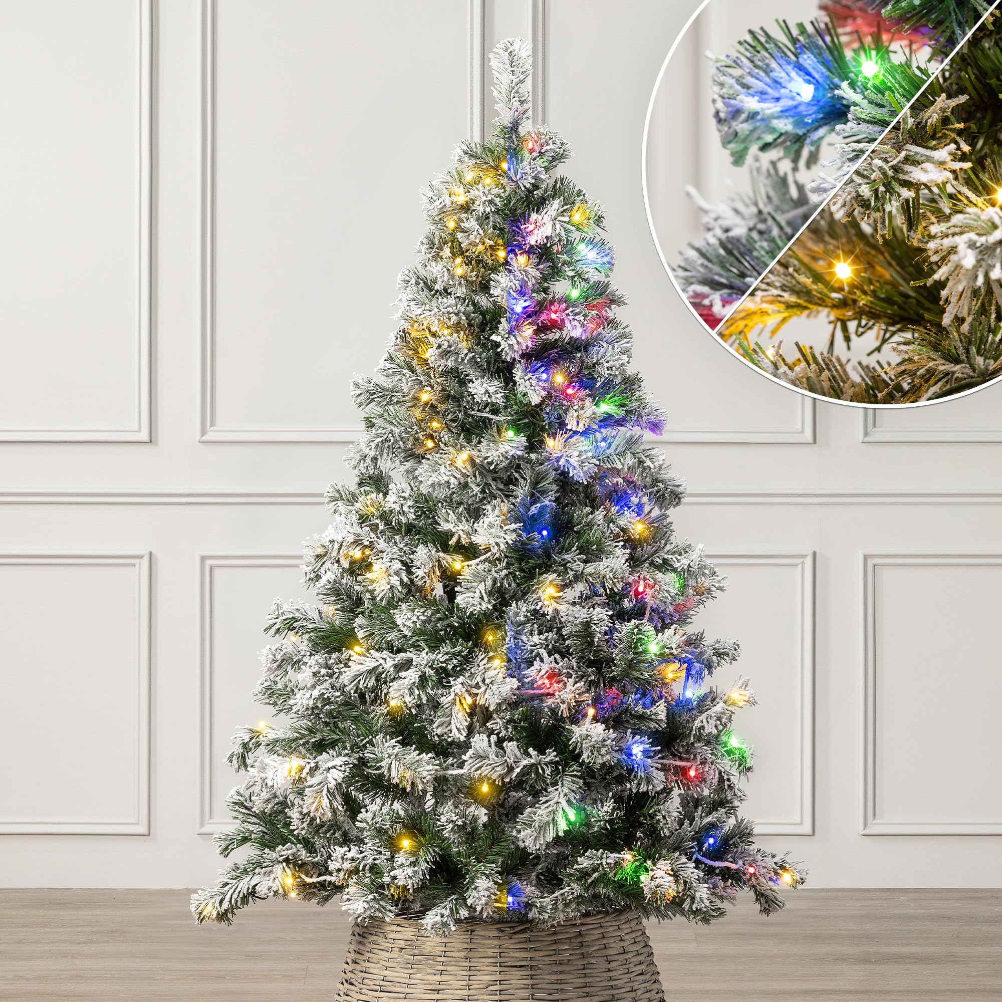 Christow 5Ft - Snowy Spruce Pre-Lit Flocked Christmas Tree 5Ft, Dual-Coloured Led Lights (Switch From Warm White To Multi-Coloured), Chamonix Spruce, Snowy Pvc Tips, 11 Modes – Colour Changing, Timer, 91Cm Diameter