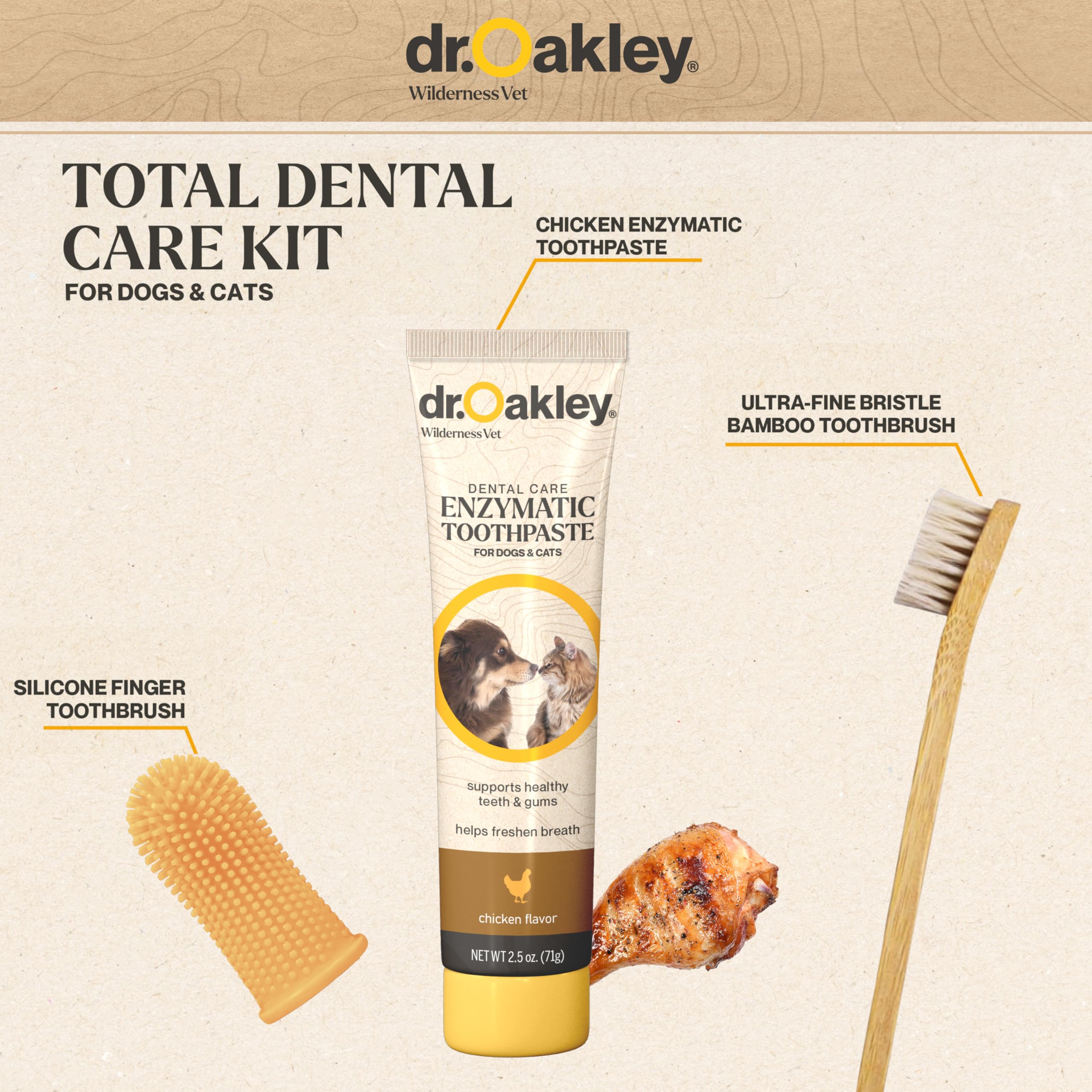 Dr. Oakley Total Dental Care Kit for Dogs & Cats – Chicken Flavor Enzymatic Toothpaste, Dual-Head Toothbrush & Finger Brush – Helps Reduce Tartar & Plaque – Vet Recommended – 3-Piece Set