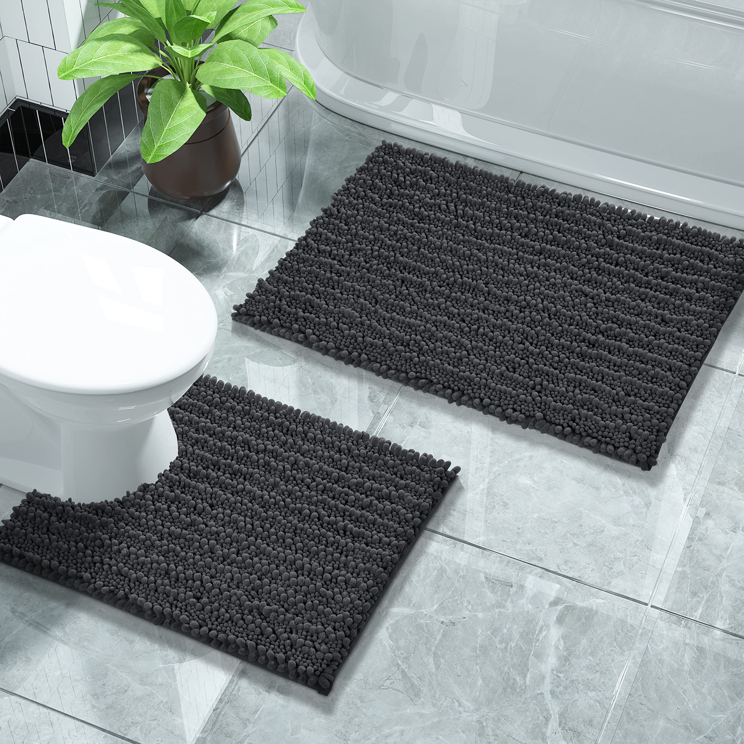 Yimobra Bathroom Rugs Sets 2 Piece, Luxury Fluffy Chenille Toilet Rugs U Shaped for Bathroom, Soft Comfortable Non Slip Bath Rug Mat, Machine Washable, 31.5x19.8+24.4x20.4 Inches, Dark Gray