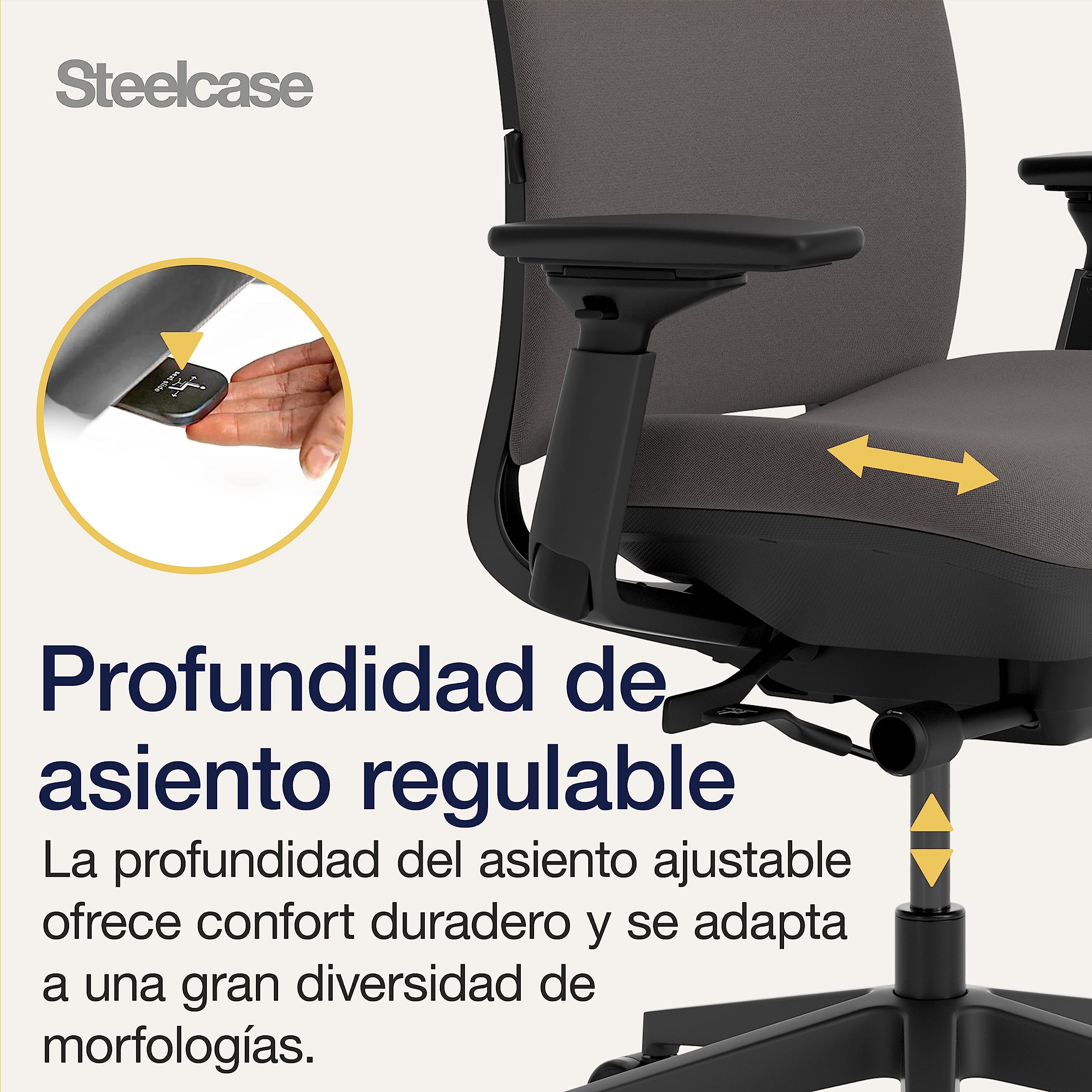 Steelcase Silla ergonómica: Amia, Brazos 4D, Ajuste Asiento, Gris búho