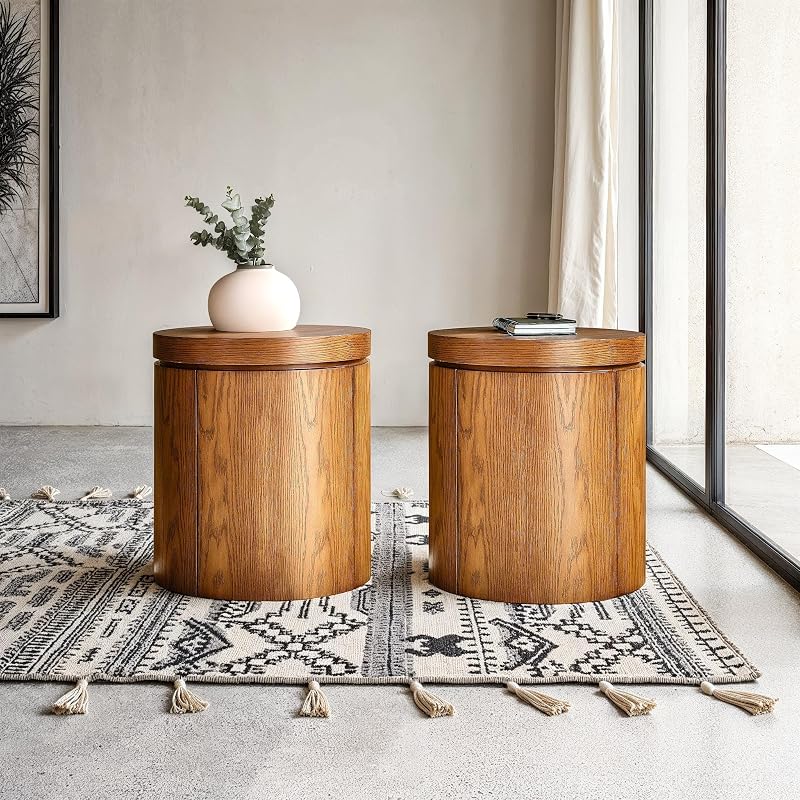 Walker Edison Paquete de 2 mesas auxiliares Maya modernas con chapa de madera de roble macizo con almacenamiento, 18 pulgadas, roble marrón medio