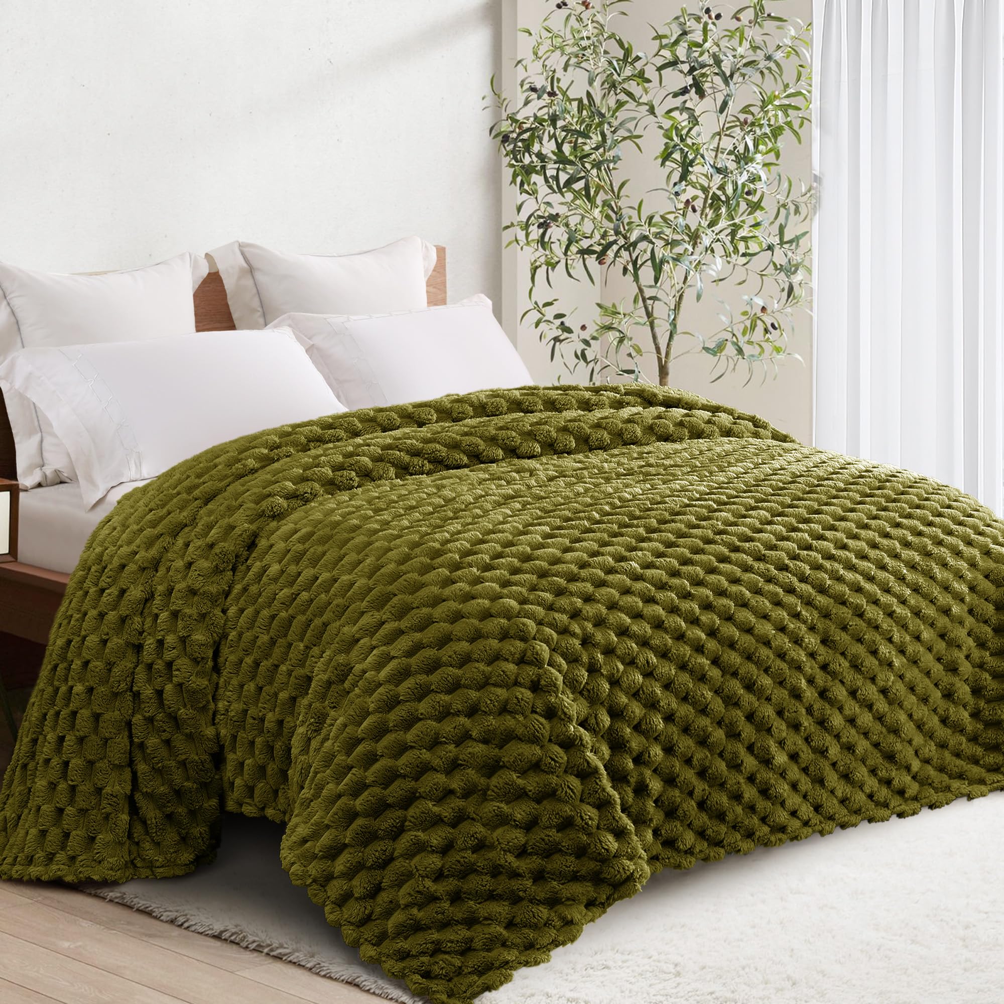 Whale Flotilla King Size Blanket for Bed with Expanded 3D-Jacquard Pattern, 230X264 CM Fuzzy Soft Cozy Exquisite Blankets or All Season, Warm and Fluffy, Olive
