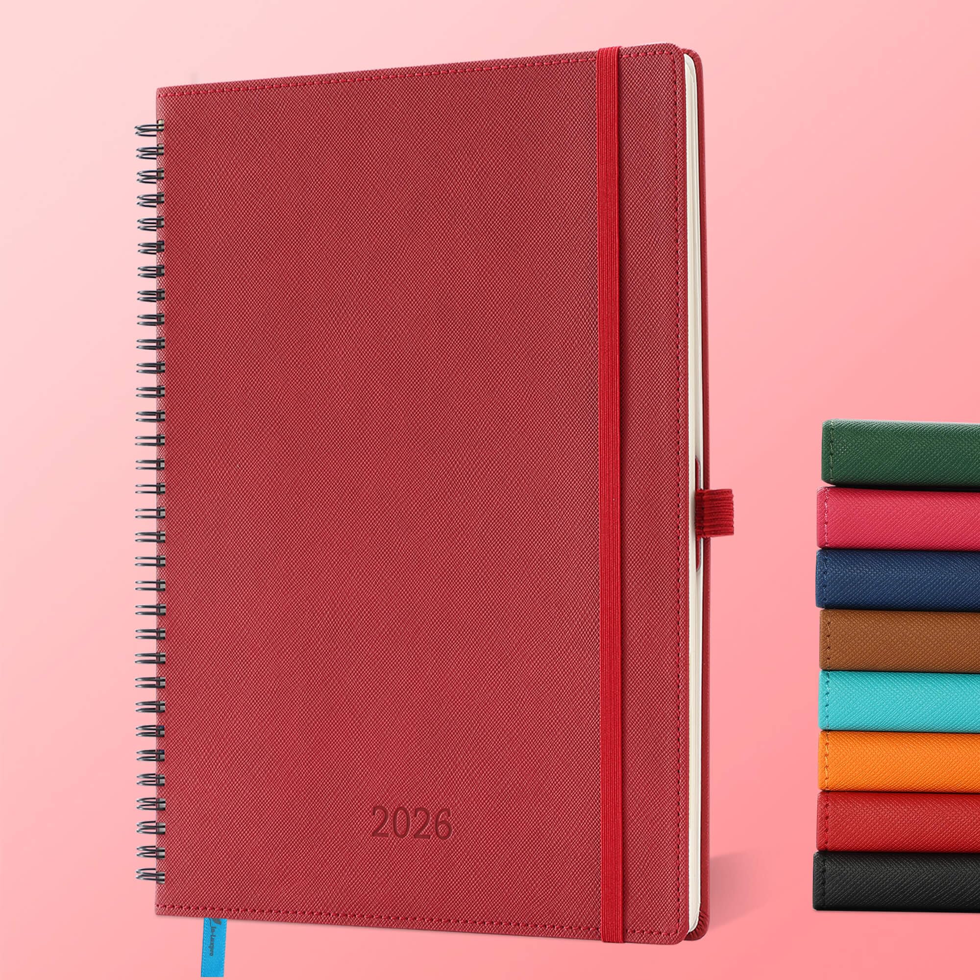 Agenda settimanale 2026, in pelle, a spirale, copertina morbida, grande, rosso