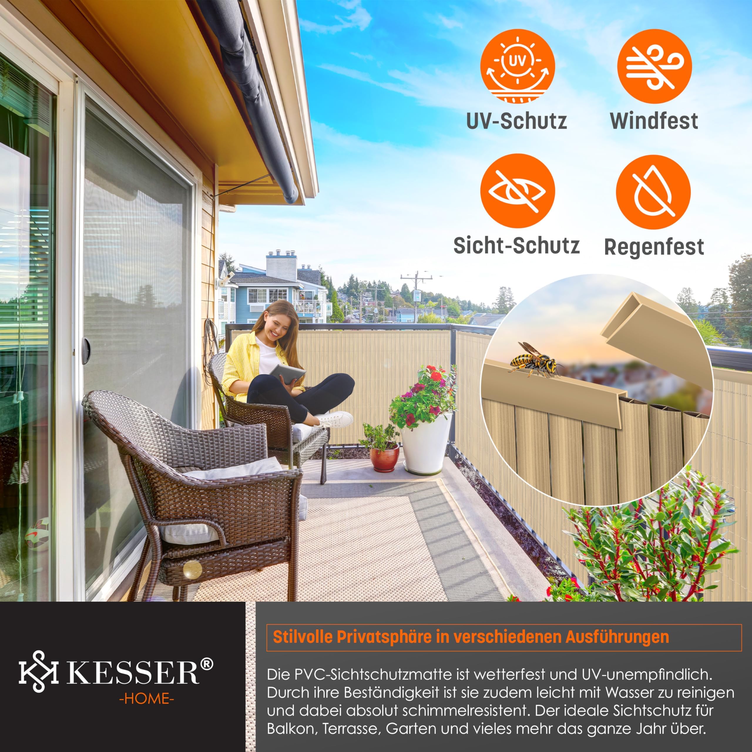 KESSER® Estera de Privacidad PVC Valla Protectora Balcón | Resistente a la Intemperie | 100 x 300 cm | Lamas reforzadas | Revestimiento del balcón Incluye Abrazaderas y Cubierta Bambú