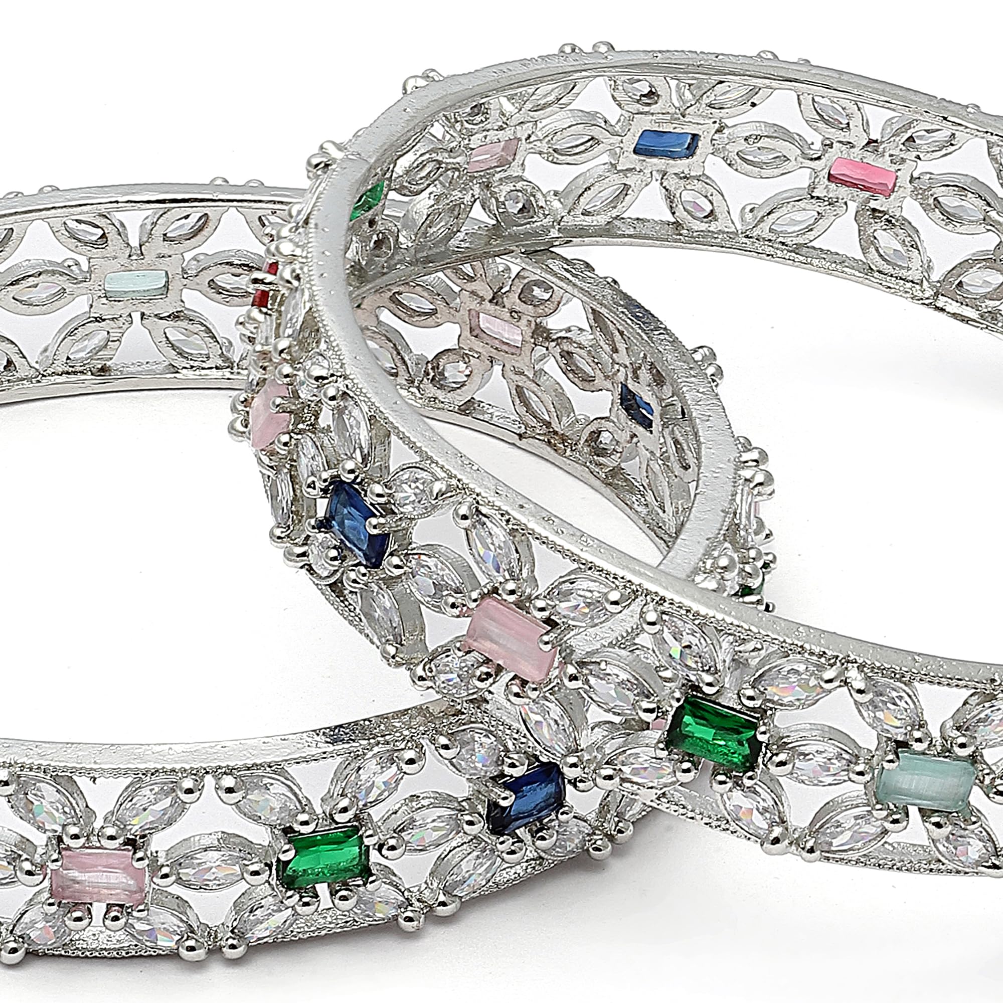 Rhodium-Plated Silver Toned American Diamond Bangle Set